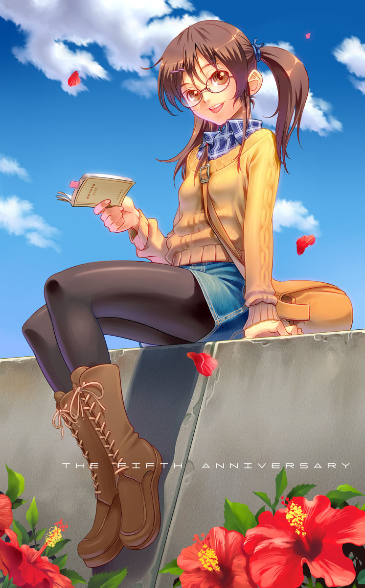 pairan, aoi sora (pairan), original, highres, 1girl, book, boots, brown boots, brown eyes, brown hair, day, denim, denim skirt, female focus, flower, full body, glasses, legs, long sleeves, looking at viewer, open mouth, outdoors, pantyhose, petals, plaid clothes, plaid shirt, round teeth, shirt, sitting, skirt, smile, solo, teeth, twintails