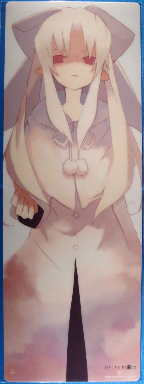 len (tsukihime), white len (tsukihime), melty blood, tsukihime, highres, 00s, pointy ears, red eyes, ribbon, shaded face, solo, white hair