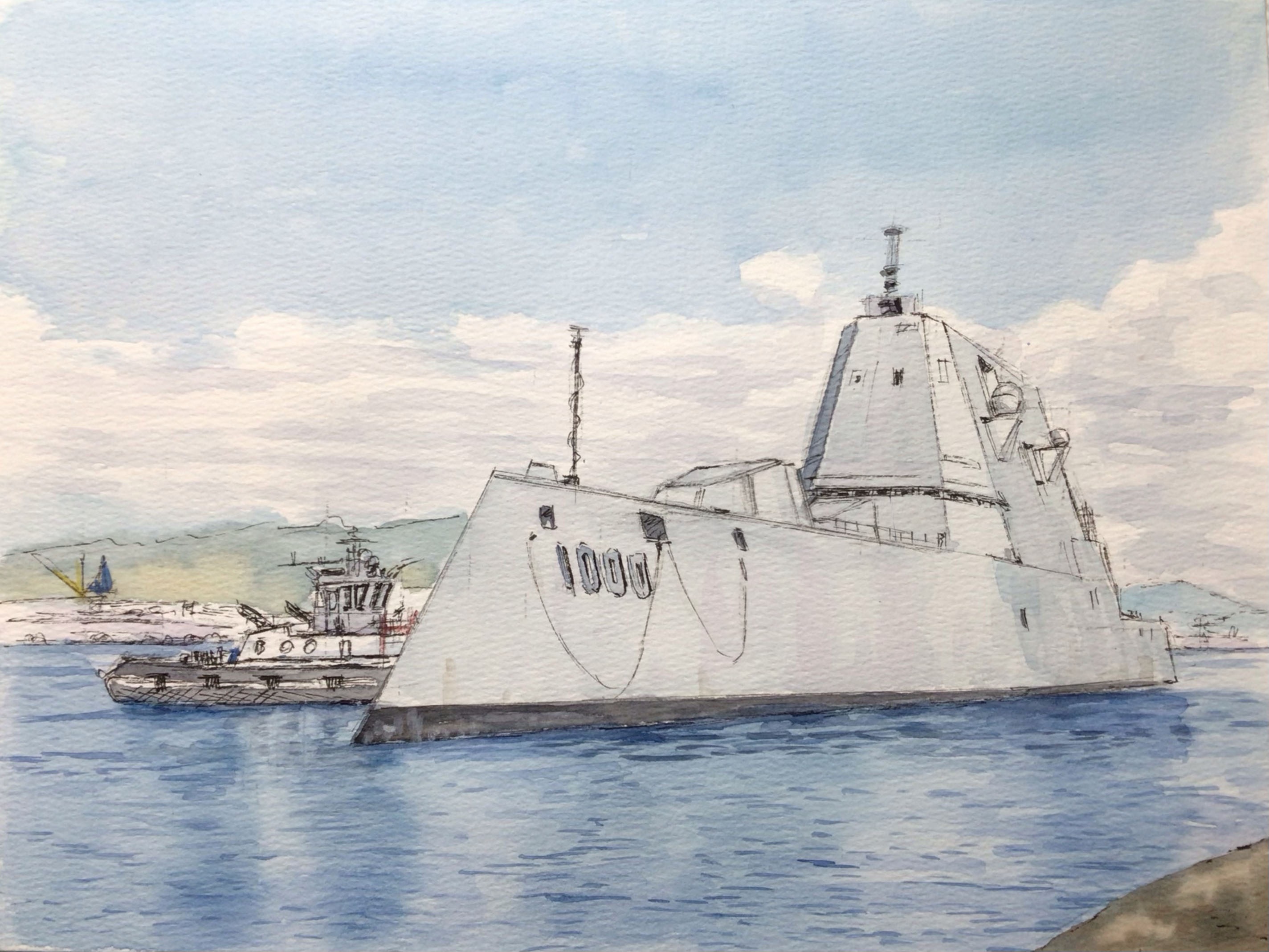 atelier bono, original, commentary request, highres, painting (medium), revision, traditional media, watercolor (medium), blue sky, boat, cloud, cloudy sky, destroyer, military vehicle, no humans, scenery, ship, sky, tugboat, uss zumwalt (ddg-1000), vehicle focus, warship, watercraft, waves