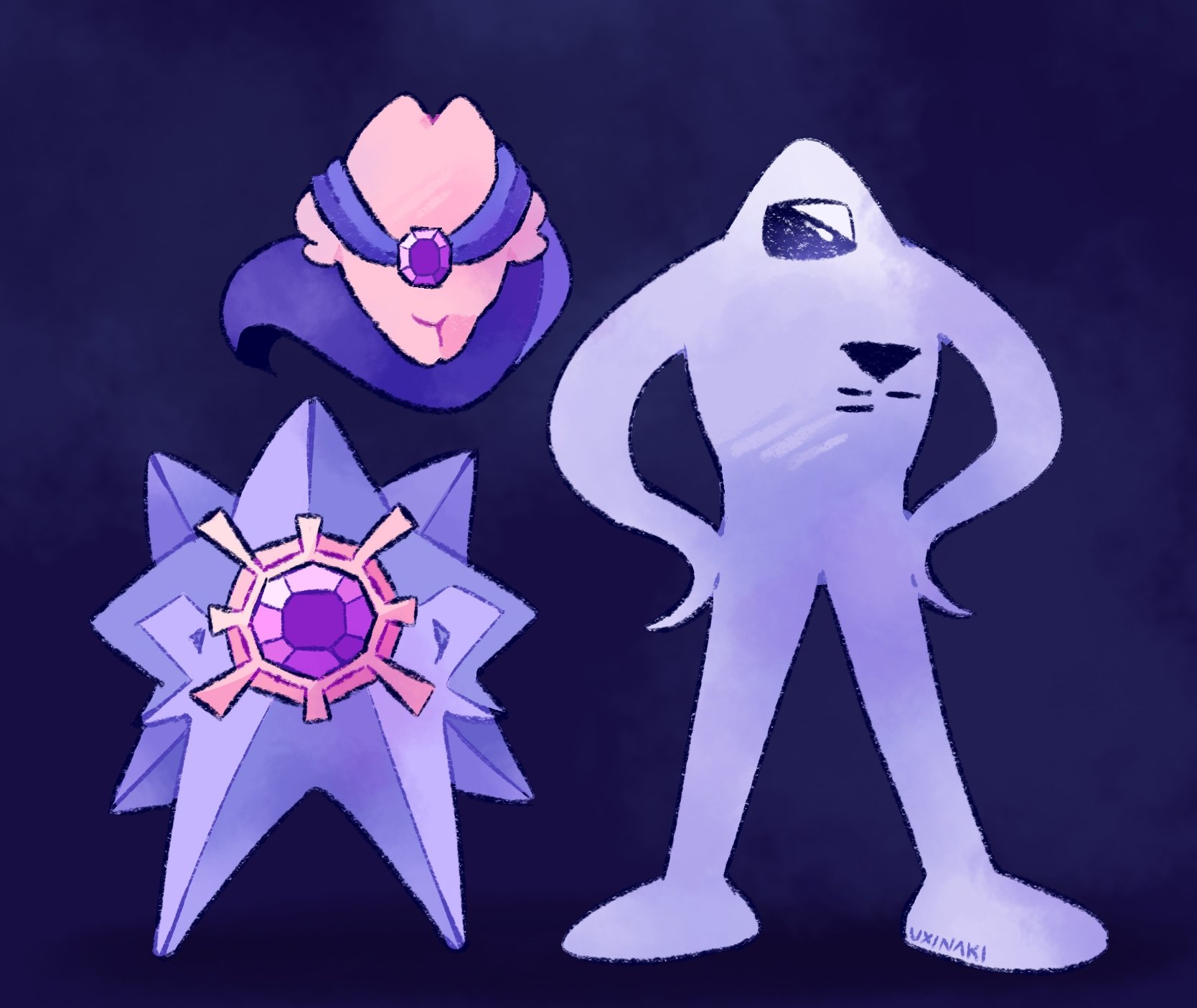 mega starmie, starman (kirby), starman (mother), starmie, kirby (series), kirby air ride, kirby air riders, mother (series), nintendo, pokemon, highres, colored skin, company connection, gem, gen 1 pokemon, hands on own hips, long legs, mega pokemon, no eyes, no humans, pokemon (creature), purple skin, red gemstone, spacesuit, star (symbol), starfish, uxinaki, yellow skin