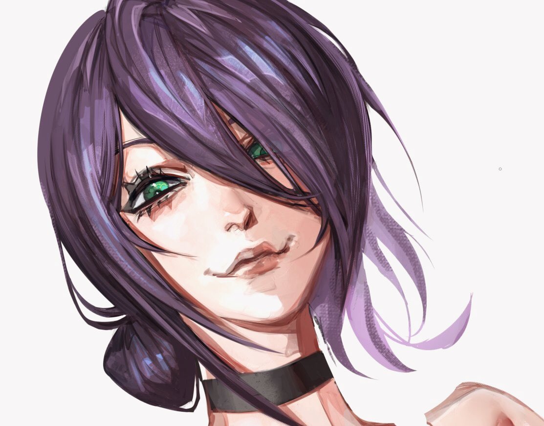 dromi999, reze (chainsaw man), chainsaw man, 1girl, black choker, choker, closed mouth, green eyes, hair between eyes, hair bun, looking at viewer, purple hair, simple background, solo, white background