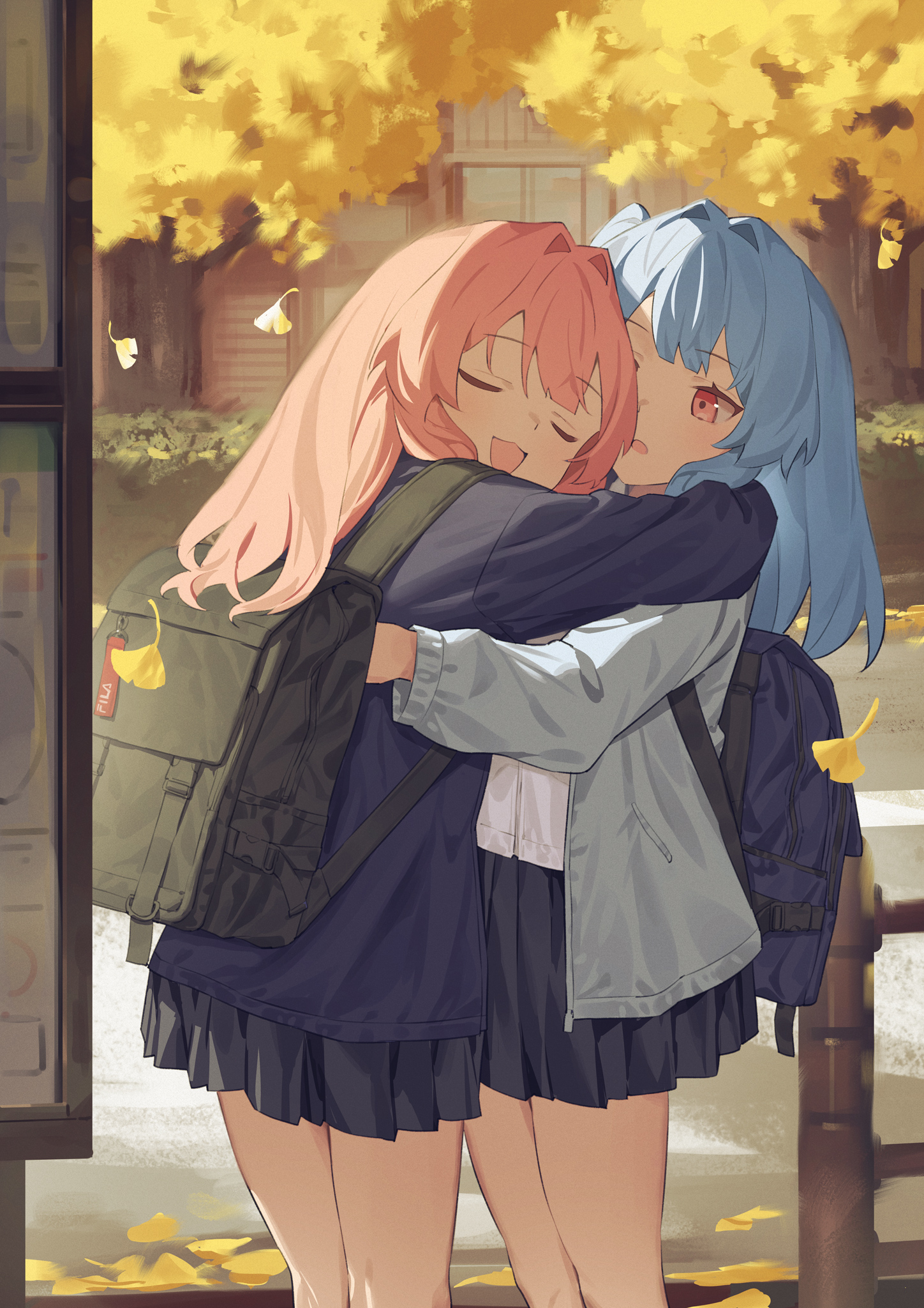 yamamomo (plank), omega sisters, highres, 2girls, autumn, backpack, bag, black skirt, blue hair, bus stop, closed eyes, falling leaves, hug, jacket, leaf, miniskirt, multiple girls, open clothes, open jacket, open mouth, outdoors, pleated skirt, red eyes, red hair, school uniform, shirt, skirt, sunset, white shirt