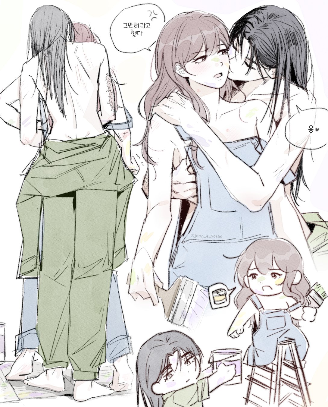 original, highres, translation request, 2girls, barefoot, black hair, blue overalls, brown hair, green overalls, hickey, holding, holding paintbrush, jong e yosae, kiss, kissing cheek, korean text, long hair, multiple girls, naked overalls, on ladder, open mouth, overalls, paint can, paintbrush, scar, scar on arm, speech bubble, yuri