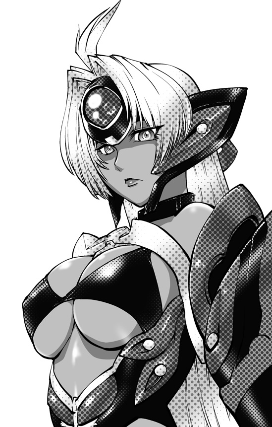 ueyama michirou, t-elos, xenosaga, xenosaga episode iii, breasts, cyborg, large breasts, monochrome, solo, underboob