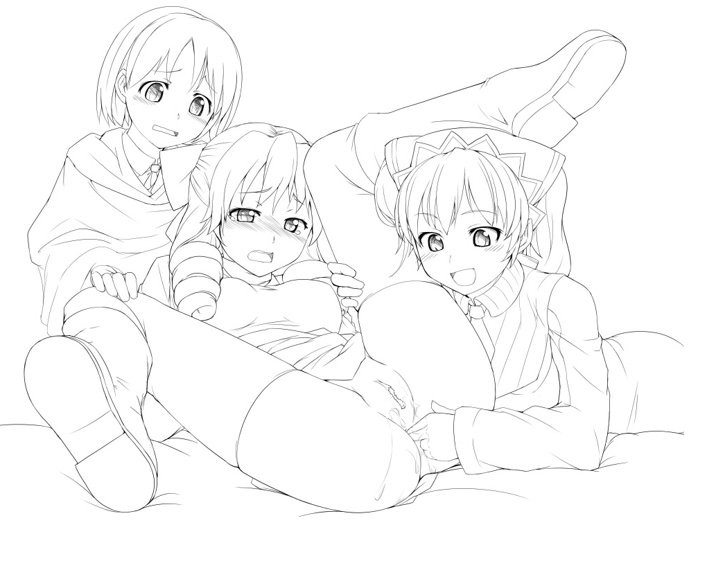 hiru okita, nekomura, alicia melchiott, isara gunther, susie evans, senjou no valkyria, senjou no valkyria (series), senjou no valkyria 1, 00s, 3girls, anal, anal fingering, anus, bottomless, drill hair, fingering, greyscale, monochrome, multiple girls, thighhighs, uncensored, yuri