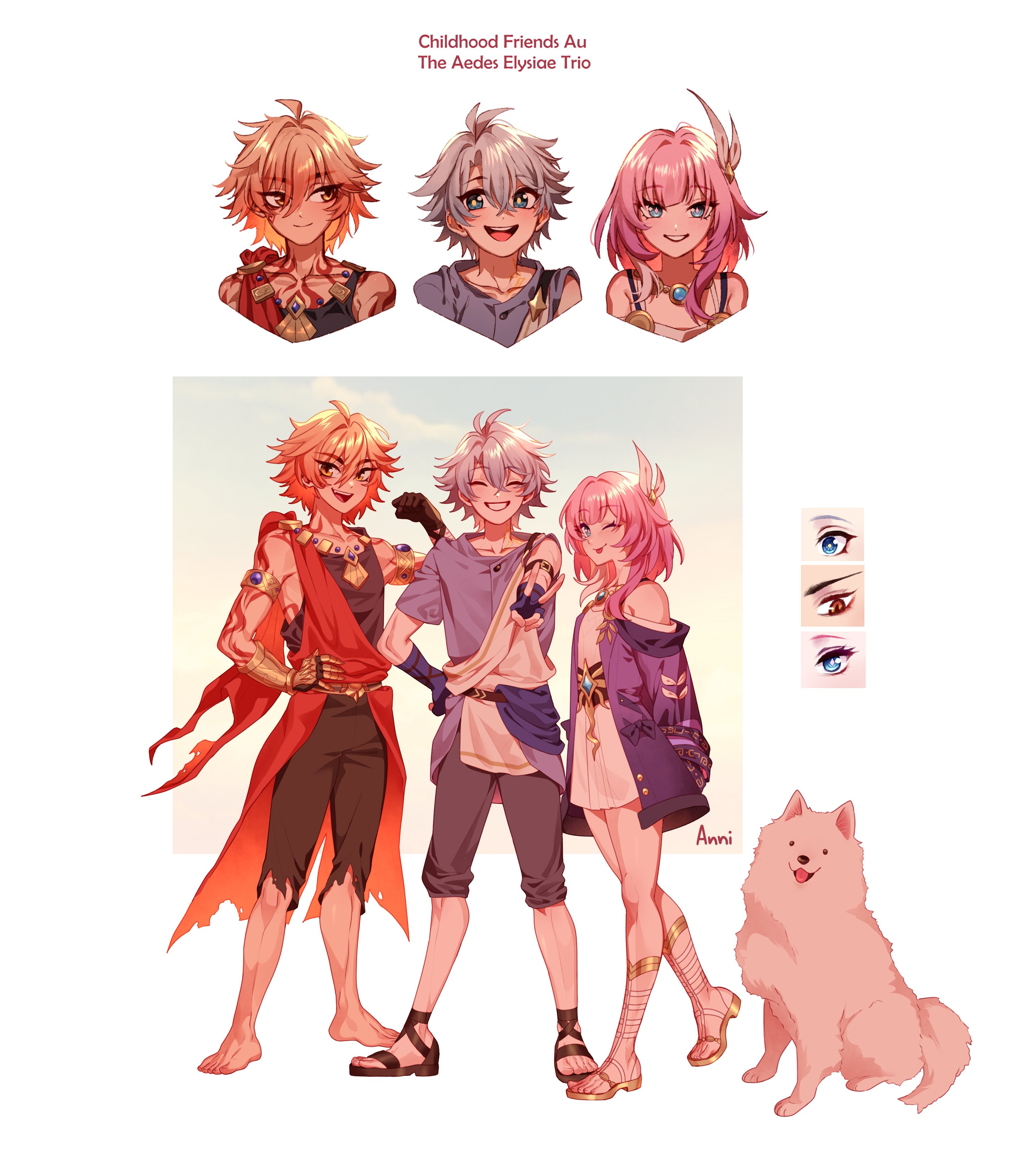 annidrw, cyrene (honkai: star rail), mydei (honkai: star rail), phainon (a dream scented in wheat) (honkai: star rail), phainon (honkai: star rail), honkai: star rail, honkai (series), absurdres, commentary, english commentary, highres, 1girl, 2boys, ;p, aged down, ahoge, bare shoulders, black gloves, black shorts, blonde hair, blue eyes, breasts, cape, coat, cropped torso, cyrene (aedes elysiae) (honkai: star rail), dog, dress, english text, fingerless gloves, gloves, jewelry, multicolored hair, multiple boys, multiple views, necklace, one eye closed, pink hair, purple coat, purple shirt, red cape, shirt, short hair, shorts, small breasts, smile, tongue, tongue out, two-tone hair, v, white dress, white hair, yellow eyes