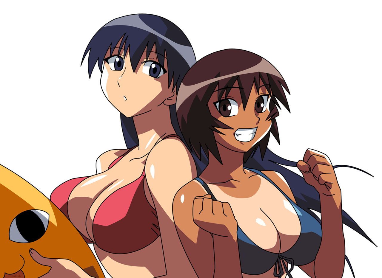 cirima, kagura, kagura (azumanga daioh), mihama chiyo's father, sakaki (azumanga daioh), azumanga daiou, derivative work, vector trace, 2girls, :3, back-to-back, beach, bikini, black eyes, black hair, breast press, breasts, brown eyes, brown hair, cleavage, clenched hand, clenched hands, cloud, front-tie top, grin, large breasts, long hair, multiple girls, one-piece tan, shiny skin, short hair, smile, swimsuit, tan, tanline, wind