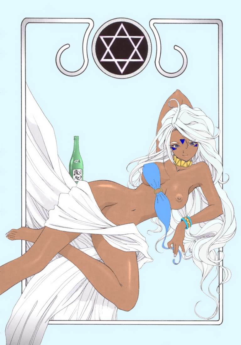 urd (aa megami-sama), aa megami-sama, traditional media, alcohol, barefoot, bed sheet, bikini, bikini top only, bracelet, dark-skinned female, dark skin, facial mark, hexagram, jewelry, long hair, lying, navel, solo, swimsuit, white hair, wine