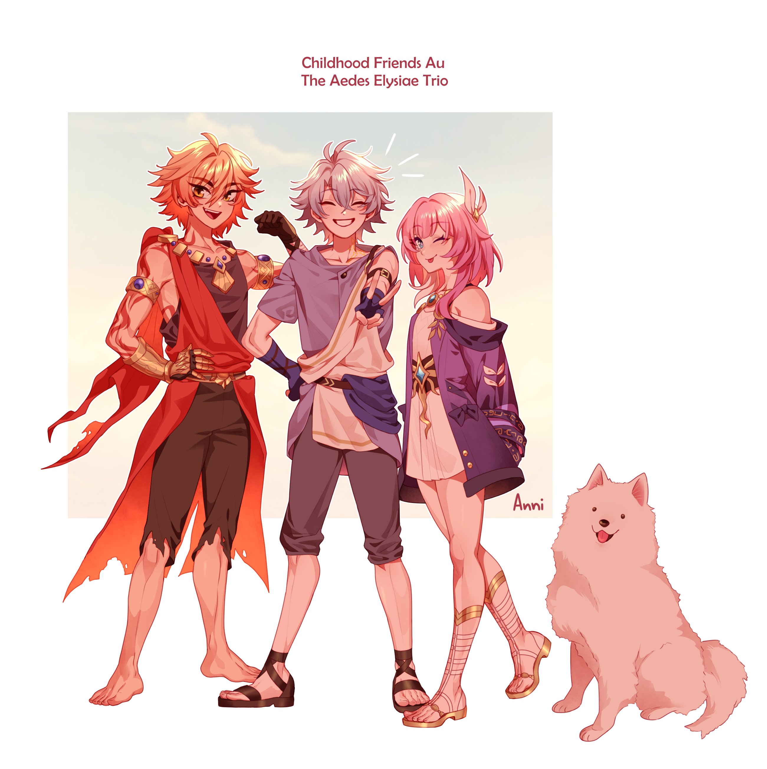 annidrw, cyrene (honkai: star rail), mydei (honkai: star rail), phainon (a dream scented in wheat) (honkai: star rail), phainon (honkai: star rail), honkai: star rail, honkai (series), absurdres, highres, 1girl, 2boys, ;p, aged down, ahoge, bare shoulders, black gloves, black shorts, blonde hair, blue eyes, breasts, cape, coat, cyrene (aedes elysiae) (honkai: star rail), dog, dress, fingerless gloves, gloves, jewelry, multiple boys, necklace, one eye closed, pink hair, purple coat, purple shirt, red cape, shirt, short hair, shorts, small breasts, smile, tongue, tongue out, v, white dress, white hair, yellow eyes