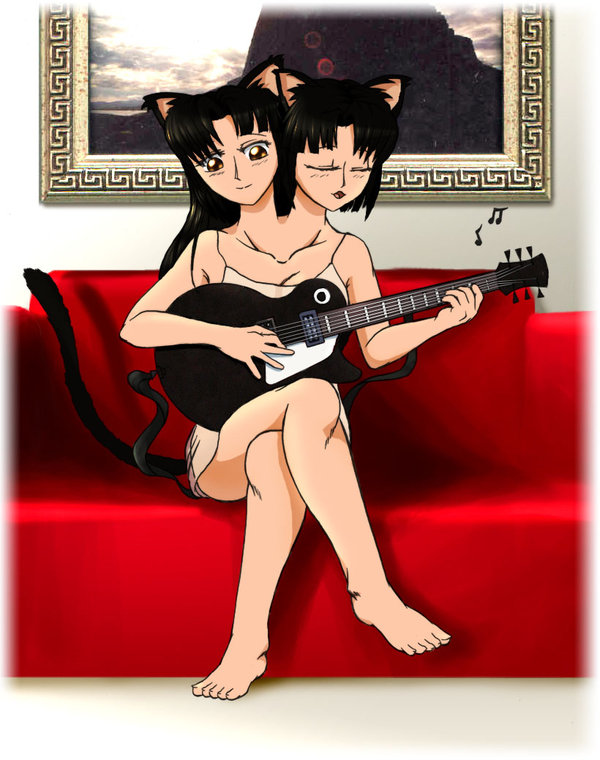 crackspider, amiko emiko, animal ears, barefoot, cat ears, conjoined, crossed legs, guitar, instrument, multiple heads, music, sitting, tail