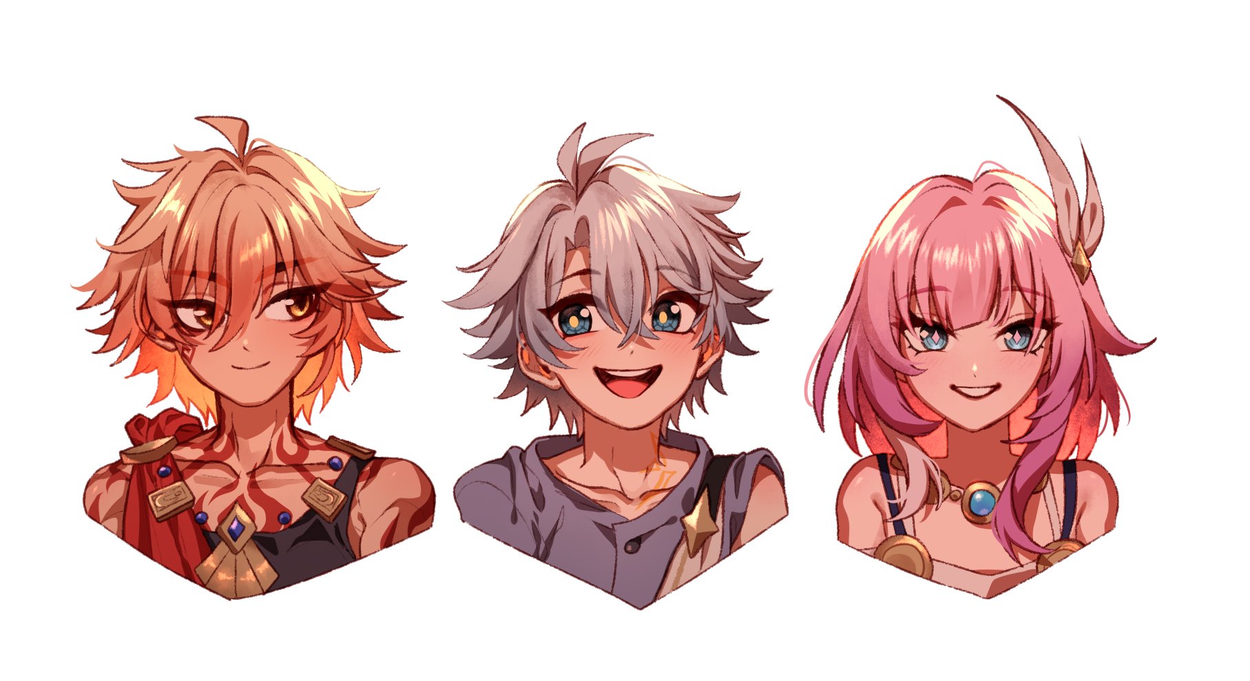 annidrw, cyrene (honkai: star rail), mydei (honkai: star rail), phainon (a dream scented in wheat) (honkai: star rail), phainon (honkai: star rail), honkai: star rail, honkai (series), highres, 1girl, 2boys, aged down, ahoge, bare shoulders, blonde hair, blue eyes, chest tattoo, cropped torso, cyrene (aedes elysiae) (honkai: star rail), dress, jewelry, looking at viewer, multicolored hair, multiple boys, necklace, pink hair, purple shirt, red tattoo, shirt, short hair, simple background, tattoo, two-tone hair, white background, white dress, white hair, yellow eyes