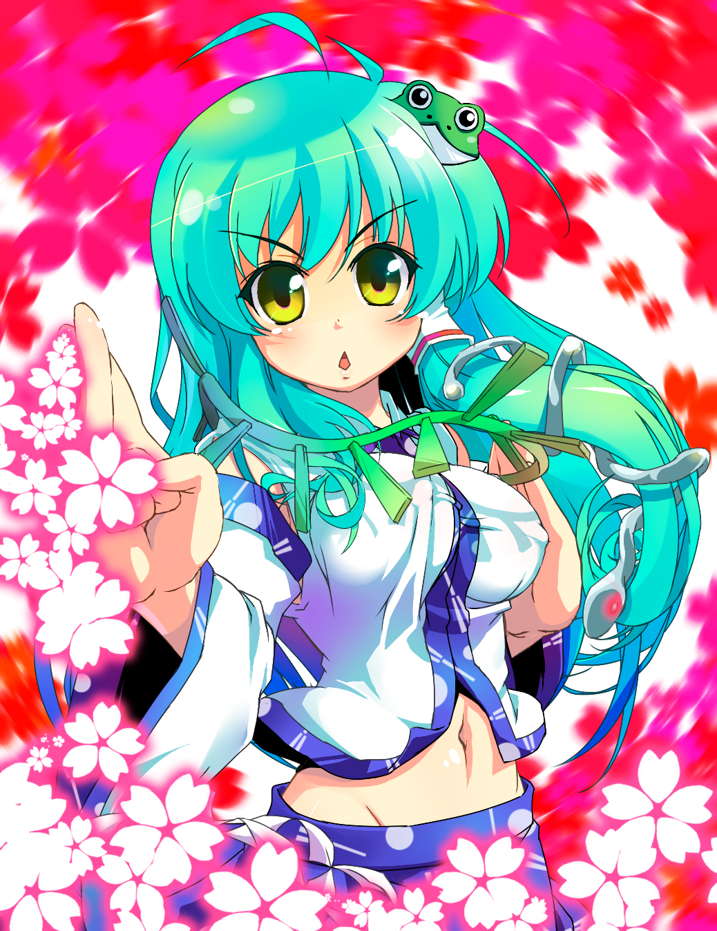 sw (taco), kochiya sanae, touhou, highres, 1girl, alternate hairstyle, breasts, cherry blossoms, covered erect nipples, detached sleeves, diamond mouth, female focus, fighting stance, frog, green hair, groin, hair ornament, hair tubes, long hair, medium breasts, midriff, navel, single hair tube, snake, solo, yellow eyes