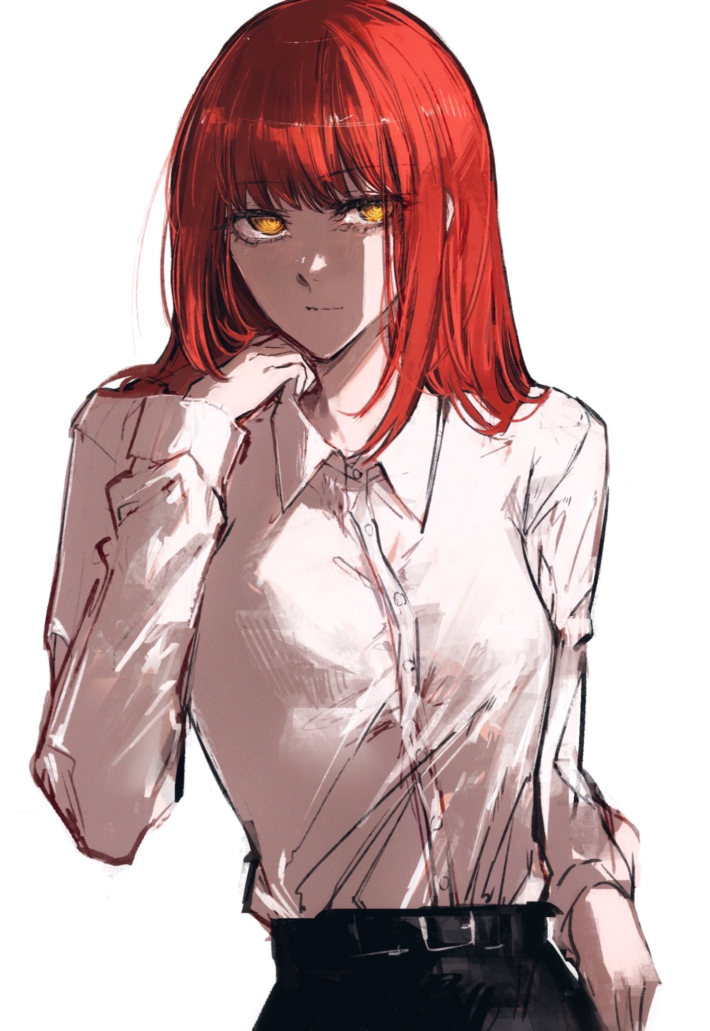 moku (muooku), makima (chainsaw man), chainsaw man, highres, 1girl, belt, black belt, black pants, closed mouth, collared shirt, expressionless, long hair, long sleeves, looking at viewer, pants, red hair, shirt, simple background, solo, white background, white shirt, yellow eyes