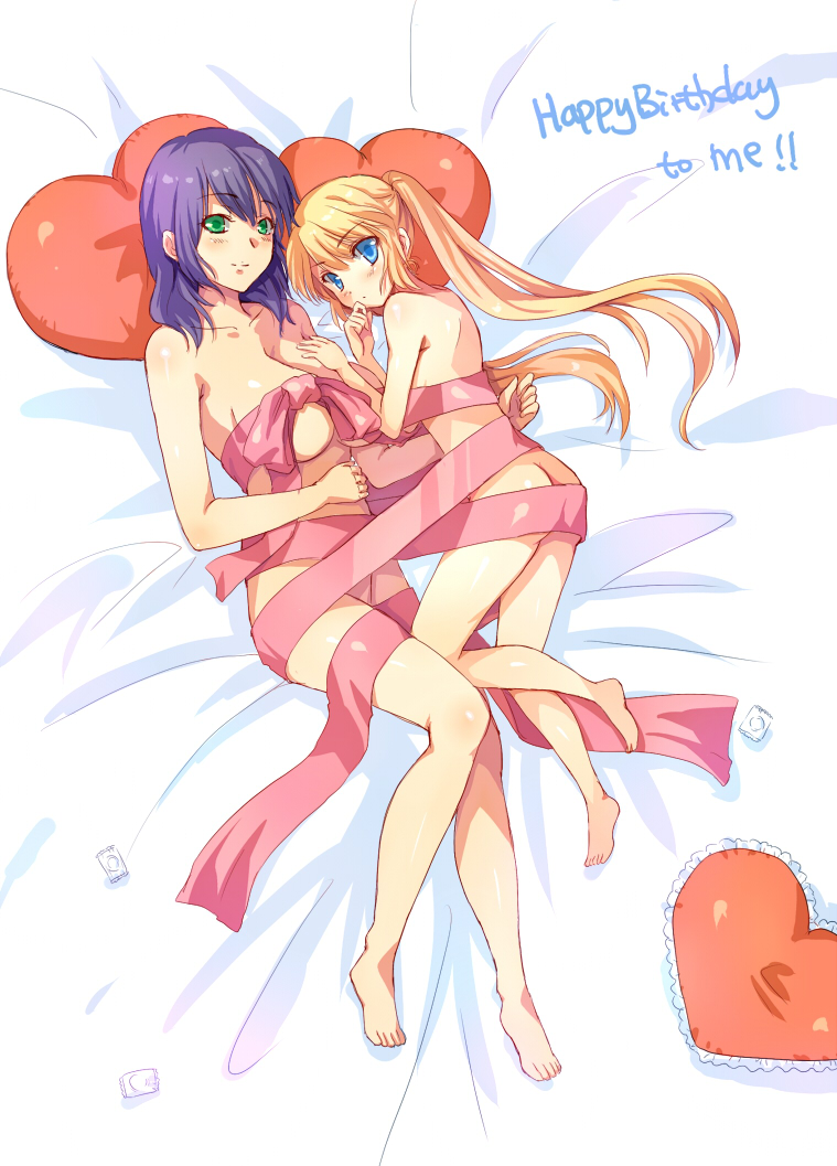 xiangtu, original, bad id, bad pixiv id, 2girls, ass, barefoot, blonde hair, blue eyes, blush, condom, green eyes, happy birthday, heart, heart-shaped pillow, lying, multiple girls, naked ribbon, nude, pillow, purple hair, ribbon, twintails