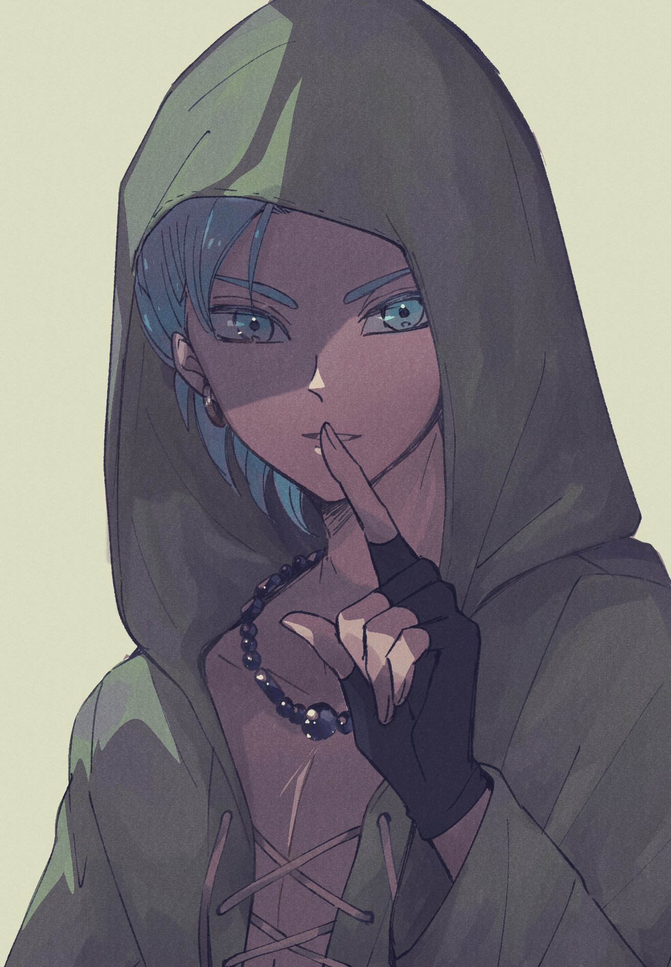 camus (dq11), dragon quest, dragon quest xi, highres, 1boy, bead necklace, beads, black gloves, blue eyes, blue hair, earrings, finger to mouth, fingerless gloves, gloves, green jacket, hkkmrbs, hood, hood up, hooded jacket, hoop earrings, jacket, jewelry, looking at viewer, male focus, necklace, parted lips, solo, upper body, yellow background