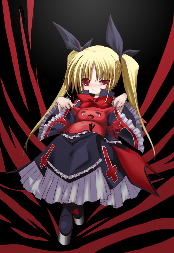izumi yukiru, gii, rachel alucard, arc system works, blazblue, platform footwear, 1girl, blonde hair, female focus, long hair, red eyes, ribbon, solo, tears, twintails
