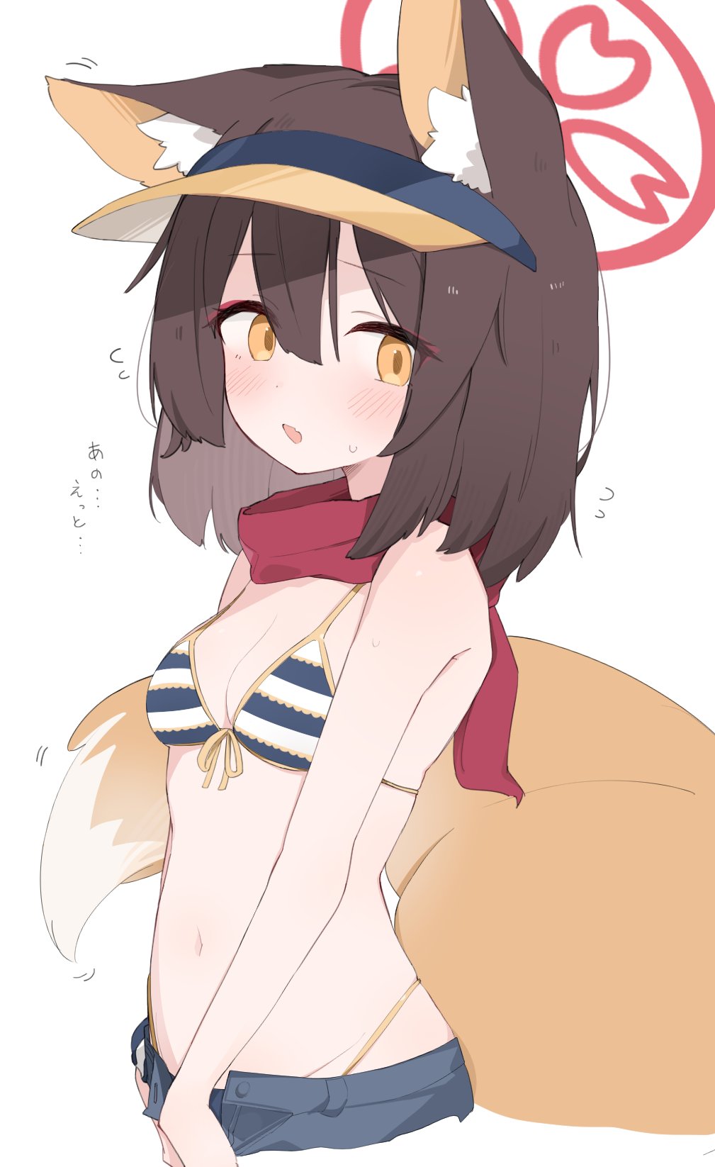 tntl nemui, izuna (blue archive), izuna (swimsuit) (blue archive), blue archive, commentary, highres, translated, …, 1girl, :o, animal ear fluff, animal ears, bare arms, bare shoulders, bikini, blue bikini, blue shorts, bra, breasts, brown hair, cleavage, colored inner animal ears, cowboy shot, denim, denim shorts, dot nose, double-parted bangs, embarrassed, eyeshadow, fang, flying sweatdrops, fox ears, fox girl, fox tail, from side, front-tie bikini top, front-tie top, hair between eyes, halo, highleg, highleg bikini, light blush, long hair, looking at viewer, makeup, motion lines, multicolored bikini, navel, nervous, open fly, orange eyes, orange tail, parted lips, pink eyeshadow, red halo, red scarf, scarf, shorts, sidelocks, simple background, skin fang, small breasts, solo, standing, stomach, striped bikini, striped bra, striped clothes, sweatdrop, swimsuit, tail, unbuttoned, underwear, visor cap, white background, white bikini