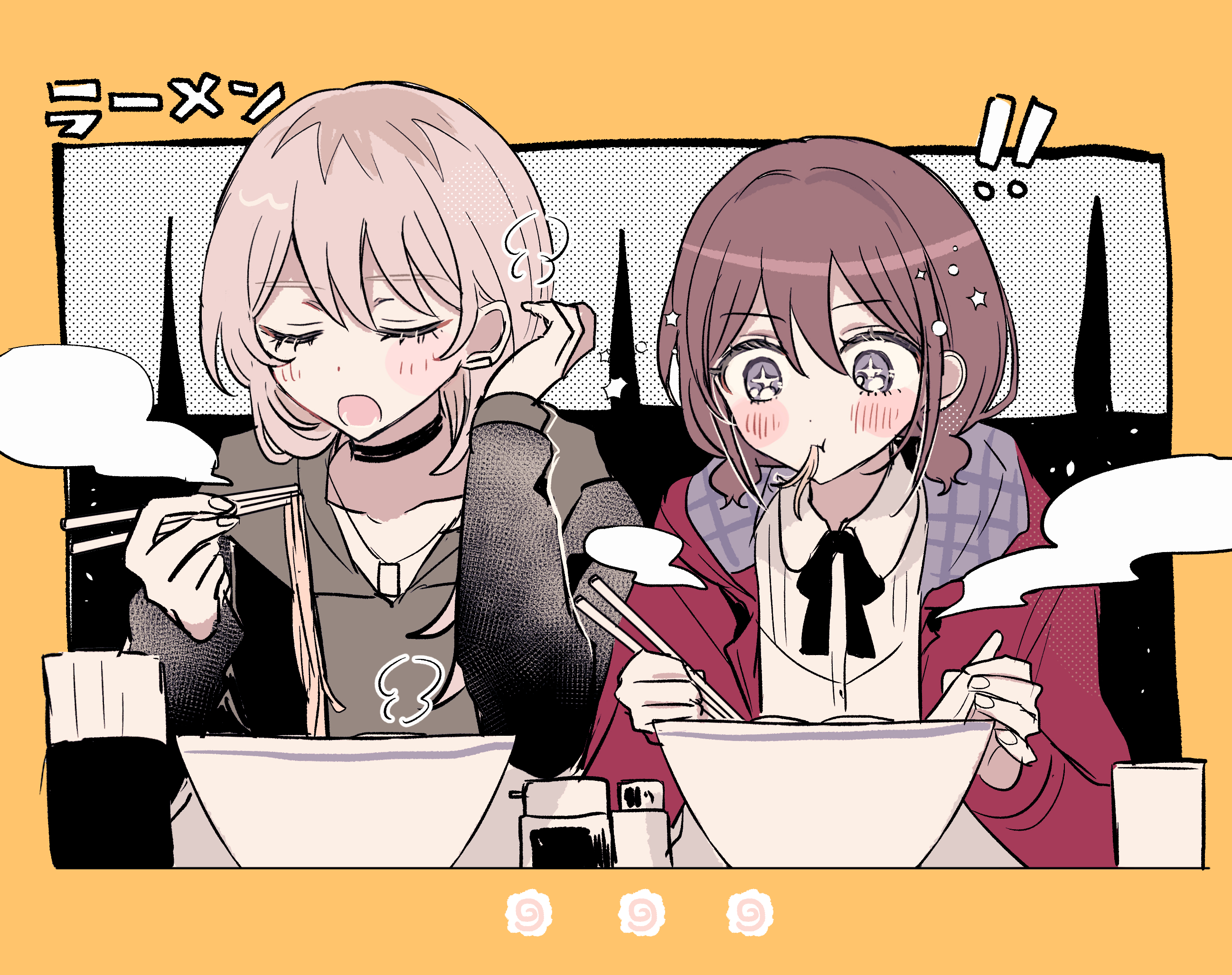 hamchan69, iseri nina, kawaragi momoka, girls band cry, commentary, highres, translated, + +, 2girls, black choker, black jacket, blue eyes, blush, bowl, brown hair, choker, chopsticks, closed eyes, collared shirt, cup, drinking glass, food, food in mouth, grey hair, grey hoodie, halftone, halftone background, holding, holding chopsticks, hood, hoodie, jacket, jewelry, long hair, multiple girls, necklace, noodles, open mouth, ramen, red jacket, rounded collar, shirt, short twintails, smile, steam, twintails, white shirt