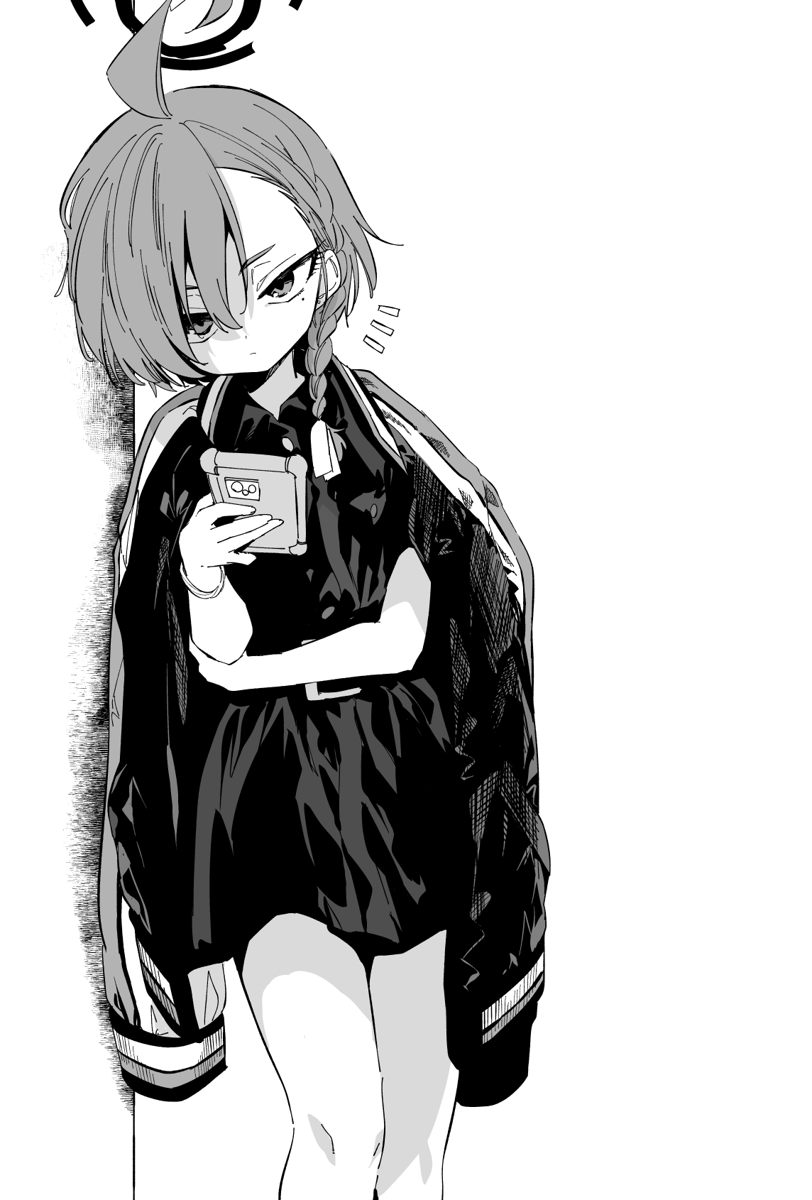 nogiwa kaede, neru (blue archive), blue archive, highres, 1girl, ahoge, alternate costume, asymmetrical bangs, cellphone, closed mouth, cowboy shot, expressionless, greyscale, halo, holding, holding phone, huge ahoge, jacket, jacket on shoulders, looking at viewer, mole, mole under eye, monochrome, notice lines, phone, shirt, shirt tucked in, short hair, simple background, skirt, smartphone, solo, tsurime, white background