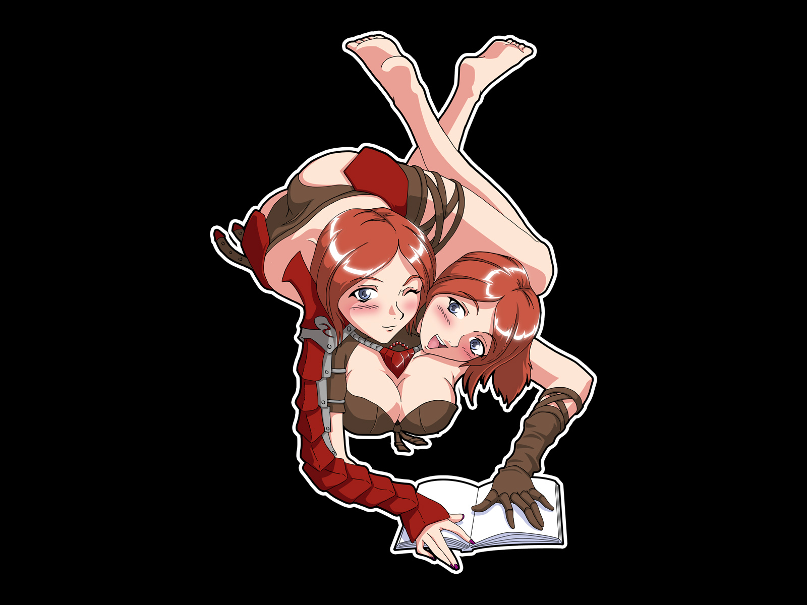 highres, tagme, breasts, cleavage, conjoined, multiple heads, reading, red hair
