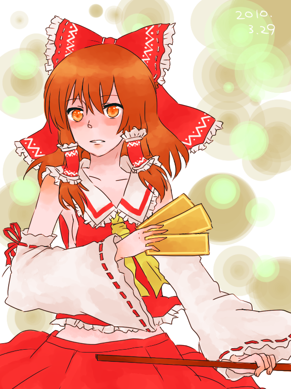 hakurei reimu, touhou, commentary request, painttool sai (medium), 1girl, ascot, blush, bow, brown hair, cowboy shot, dated, detached sleeves, frilled bow, frilled hair tubes, frilled shirt collar, frills, gohei, grey background, hair bow, hair tubes, holding, holding gohei, holding ofuda, kikko., long hair, looking at viewer, ofuda, orange eyes, red bow, red shirt, red skirt, ribbon-trimmed sleeves, ribbon trim, shirt, sidelocks, skirt, skirt set, sleeveless, sleeveless shirt, solo, white sleeves, yellow ascot
