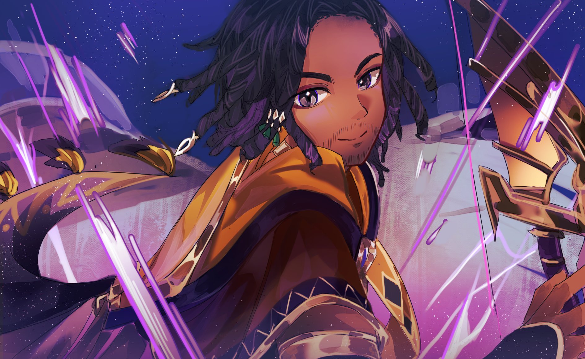 kanako (fuwachu), sethos (genshin impact), genshin impact, real life, commentary, english commentary, highres, 1boy, animification, armlet, beard, beard stubble, black eyes, black gloves, black hair, bow (weapon), cape, closed mouth, dark-skinned male, dark skin, dreadlocks, facial hair, fingerless gloves, floating cape, floating hair, from side, gloves, gold trim, hair ornament, holding, holding bow (weapon), holding weapon, jewelry, light particles, looking at viewer, looking to the side, male focus, medium hair, night, night sky, orange cape, outdoors, purple sash, sash, shirt, sky, smile, solo, star (sky), stubble, tassel, upper body, voice actor, voice actor connection, weapon, zeno robinson