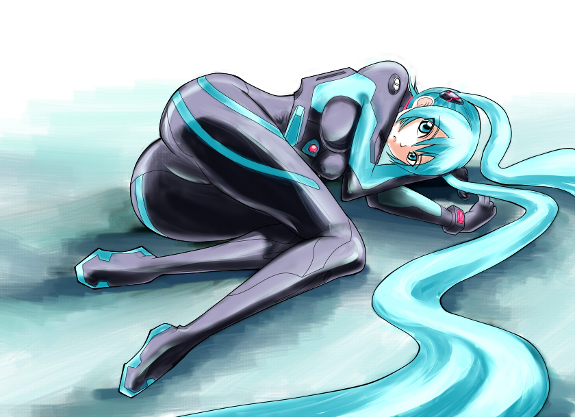 ayanami rei, hatsune miku, neon genesis evangelion, vocaloid, alternate breast size, 1girl, absurdly long hair, adapted costume, alternate costume, aqua eyes, aqua hair, ass, blue eyes, blue hair, bodysuit, bracer, breasts, eyes visible through hair, female focus, full body, gloves, hair ornament, hands up, long hair, looking at viewer, lying, matching hair/eyes, mecha pilot suit, on side, open mouth, plugsuit (evangelion), solo, turtleneck, twintails, very long hair