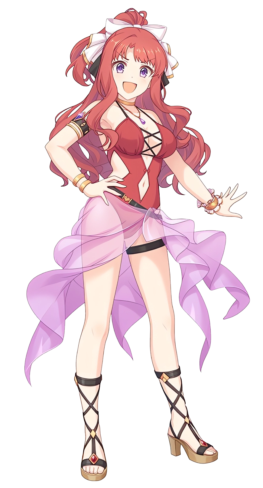 akino (princess connect!), akino (summer) (princess connect!), princess connect!, highres, official art, 1girl, armpits, bare shoulders, bracelet, breasts, cleavage, collar, collarbone, curly hair, dot nose, full body, hair ribbon, hand on own hip, jewelry, long hair, looking at viewer, medium breasts, midriff, navel, one-piece swimsuit, open hand, open mouth, purple eyes, red hair, red one-piece swimsuit, ribbon, sandals, solo, standing, swimsuit, tachi-e, thigh strap, transparent background, white ribbon