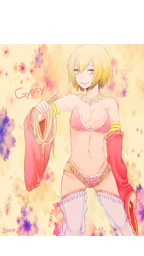 gypsy (ragnarok online), ragnarok online, commentary request, 1girl, bikini, blonde hair, blush, breasts, character name, cleavage, closed mouth, cowboy shot, dated, detached sleeves, gold necklace, harem pants, holding, holding whip, jewelry, kikko., letterboxed, looking at viewer, medium breasts, necklace, pants, pink bikini, red sleeves, see-through clothes, see-through pants, short hair, smile, solo, strapless, strapless bikini, swimsuit, yellow eyes