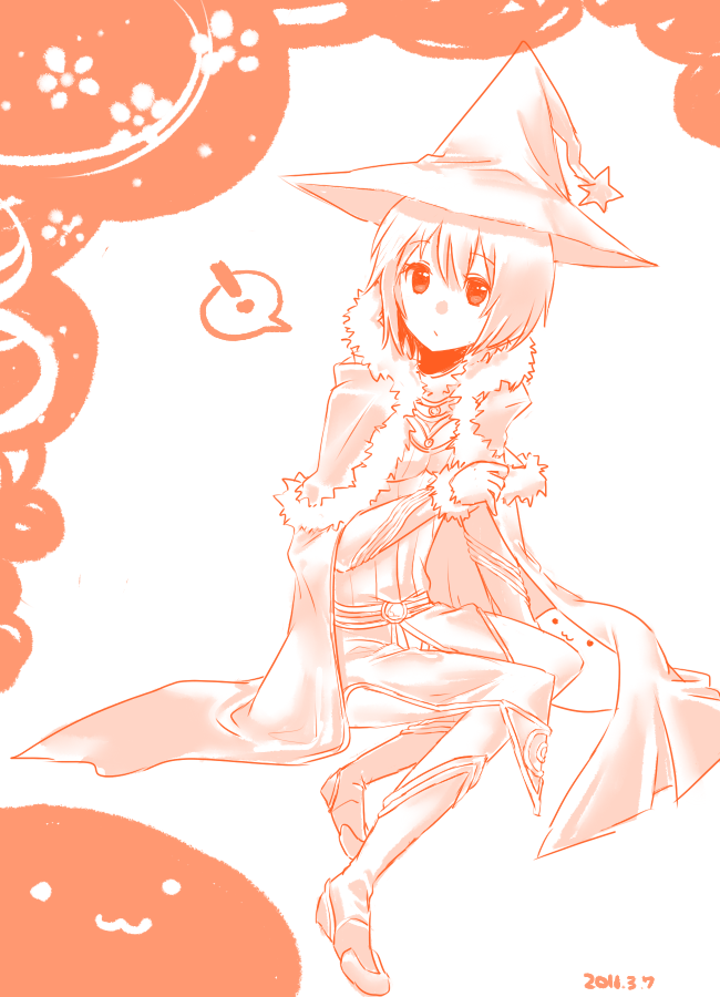 poring, wizard (ragnarok online), ragnarok online, commentary request, !, 1girl, :3, boots, cape, closed mouth, dated, dress, expressionless, full body, fur-trimmed cape, fur trim, hat, hat ornament, kikko., looking at viewer, monochrome, orange theme, short hair, sitting, slime (creature), solo, spoken exclamation mark, star (symbol), star hat ornament, witch hat