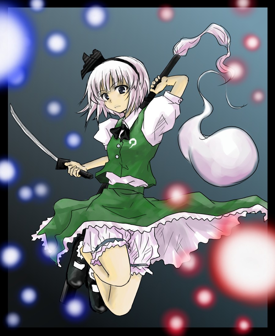 kana-p, konpaku youmu, konpaku youmu (ghost), touhou, silver hair, bad id, bad pixiv id, 1girl, female focus, ghost, hairband, hitodama, katana, ribbon, short hair, solo, sword, weapon