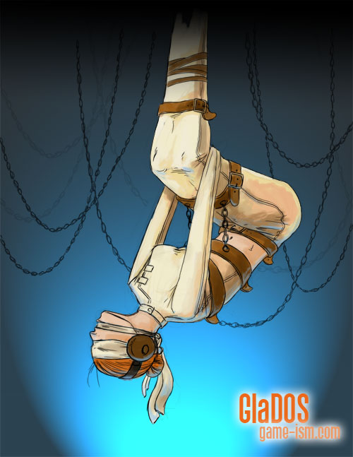 glados, portal (series), portal 1, commentary, non-web source, spoilers, 1girl, bdsm, belt, blindfold, bondage, bound, brown hair, chain, encasement, female focus, gag, gagged, hair bun, headphones, immobilization, isolation, leather, legbinder, lock, navel, orange hair, padlock, personification, pinup (style), red hair, sensory deprivation, single hair bun, slave, solo, straitjacket, strap, upside-down, valve, watermark, web address
