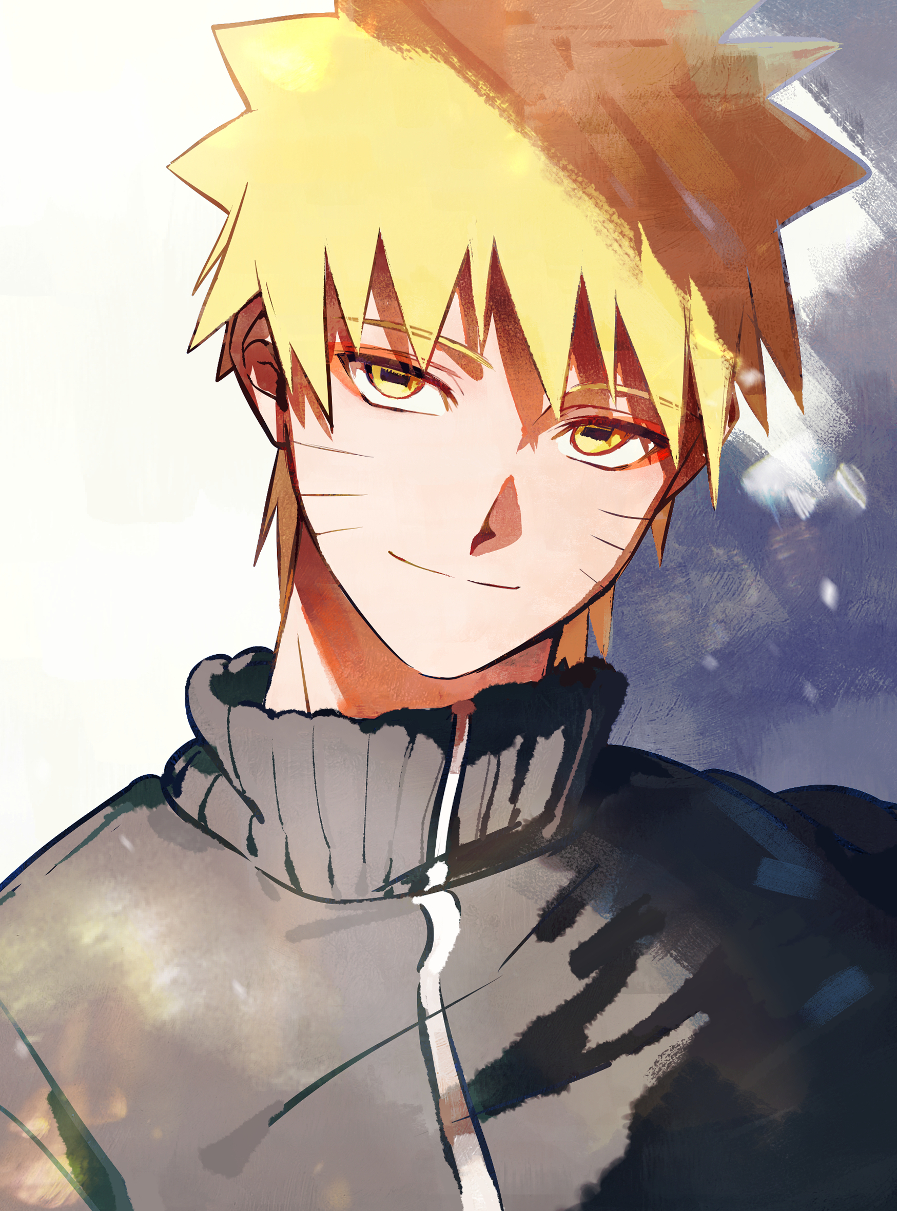 uzumaki naruto, naruto (series), highres, 1boy, black jacket, blonde hair, closed mouth, eyeliner, facial mark, hair between eyes, horizontal pupils, jacket, light smile, looking at viewer, makeup, male focus, red eyeliner, satosyc333, short hair, sketch, solo, spiked hair, upper body, whisker markings, yellow eyes