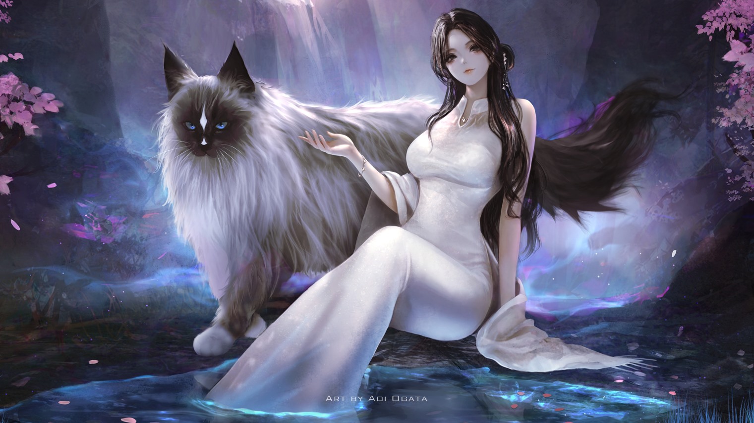 aoi ogata, league of legends, character request, clip studio paint (medium), commentary, commission, english commentary, 1girl, animal, black hair, blue eyes, breasts, cat, china dress, chinese clothes, closed mouth, dress, flower, fringe trim, head tilt, long hair, looking at viewer, medium breasts, parted bangs, petals, pink flower, sitting, sleeveless, sleeveless dress, smile, solo, very long hair, water, white dress