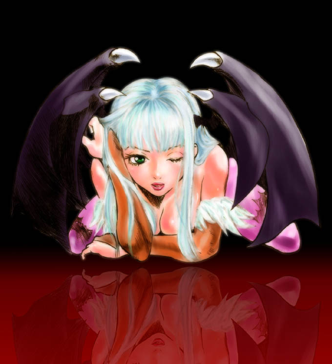 nekoi mie, morrigan aensland, capcom, darkstalkers, 1girl, animal print, bat print, bat wings, blue hair, breasts, cleavage, demon girl, elbow gloves, female focus, gloves, green eyes, head wings, large breasts, pantyhose, print pantyhose, solo, wings