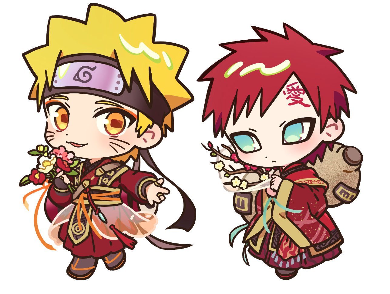 gaara (naruto), uzumaki naruto, naruto (series), 2boys, :3, black headband, blonde hair, blue eyes, bouquet, branch, bridal gauntlets, chibi, chibi only, eyeliner, facial mark, flower, full body, gourd, headband, holding, holding bouquet, holding branch, horizontal pupils, japanese clothes, light blush, makeup, male focus, multiple boys, no eyebrows, orange eyes, outstretched hand, red eyeliner, red hair, sandals, satosyc333, scar, scar on face, scar on forehead, spiked hair, whisker markings, white background