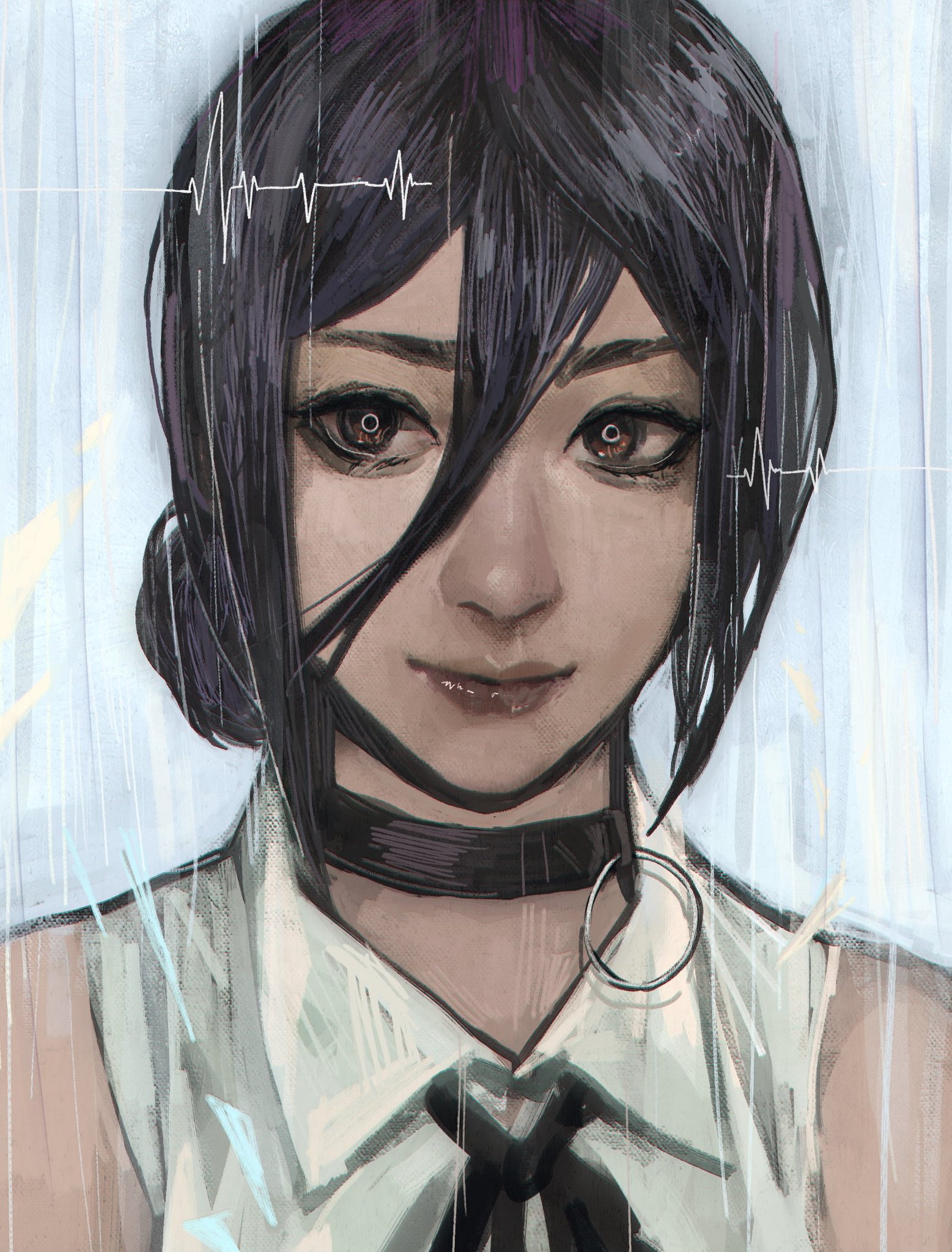 subakeye, reze (chainsaw man), chainsaw man, highres, 1girl, black choker, black hair, black ribbon, brown eyes, choker, closed mouth, grenade pin, hair bun, neck ribbon, rain, ribbon, shirt, sleeveless, sleeveless shirt, solo, white shirt