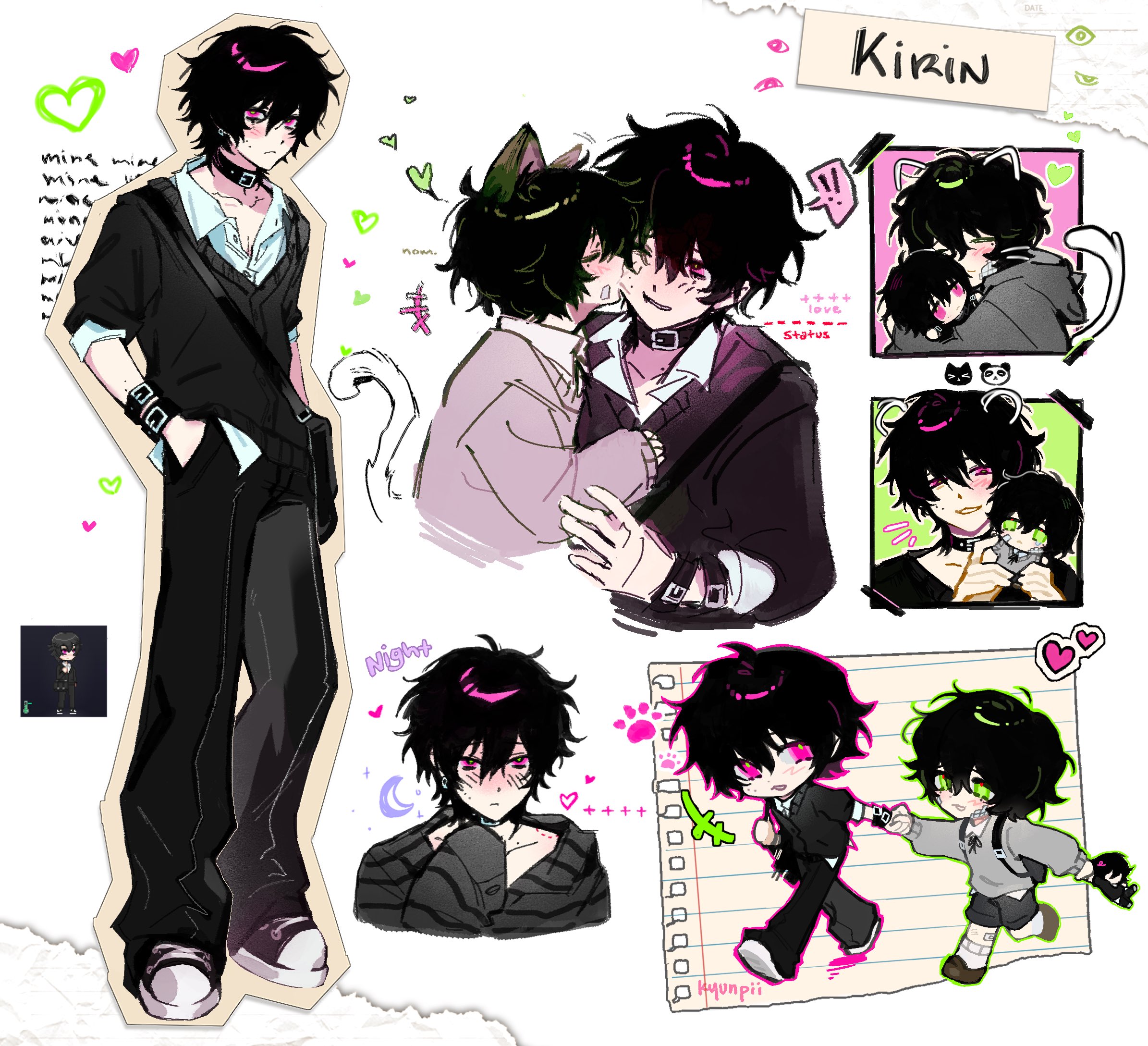 koinurin, kylar (degrees of lewdity), kylar (male) (degrees of lewdity), player character (degrees of lewdity), player character (male) (degrees of lewdity), degrees of lewdity, highres, !, 2boys, age difference, aged down, animal ears, backpack, bag, belt collar, black choker, black hair, black pants, blush, bracelet, cat boy, cat ears, cat tail, character doll, chibi, choker, collar, collarbone, collared shirt, doll, doodled object, english text, full body, green eyes, hair between eyes, heart, holding, holding stuffed toy, hood, hoodie, hug, jewelry, kiss, kissing cheek, long sleeves, male focus, multiple boys, multiple bracelets, multiple moles, one eye closed, pants, pink eyes, reference inset, school bag, shirt, short hair, shorts, smile, stuffed animal, stuffed toy, sweater, tail, white background, white shirt, wrist belt, yaoi
