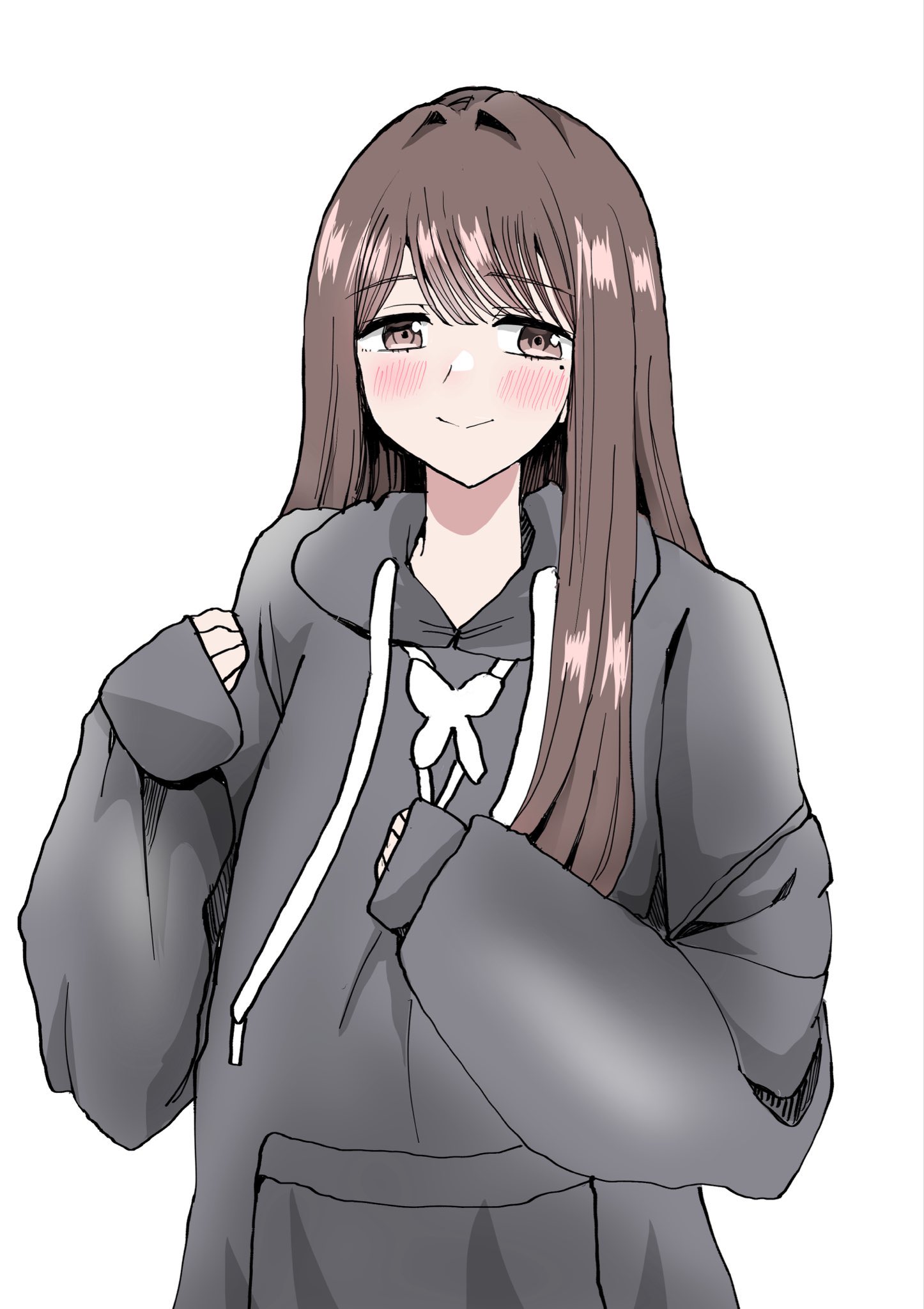 rikku ito, hanamiya nina, real life, commentary request, highres, 1girl, animification, brown eyes, brown hair, drawstring, grey hoodie, hair intakes, hood, hoodie, long hair, long sleeves, looking at viewer, mole, mole under eye, simple background, sleeves past wrists, solo, upper body, voice actor, white background