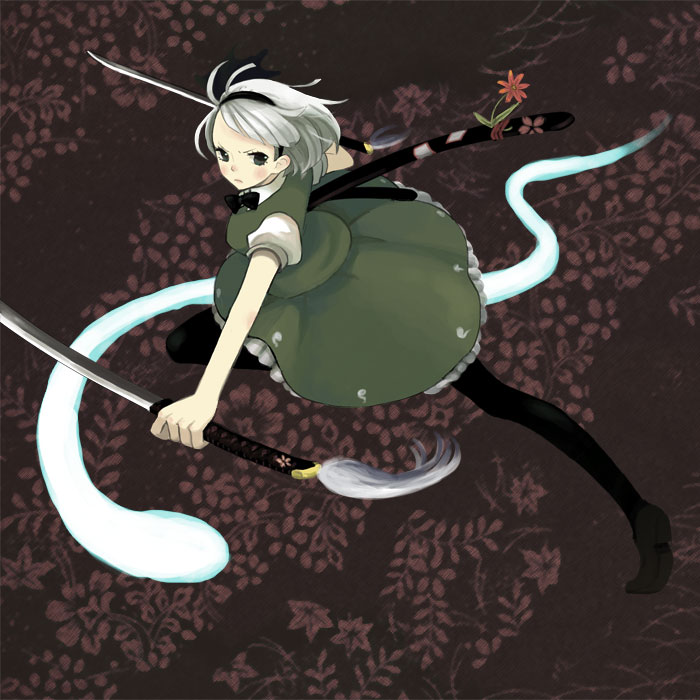 eeyasu, konpaku youmu, konpaku youmu (ghost), touhou, 1girl, female focus, flower, green eyes, hairband, hitodama, katana, pantyhose, short hair, solo, sword, weapon, white hair