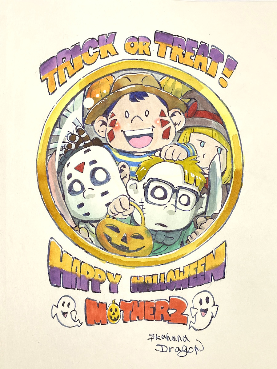 akahanadragon, freddy krueger, jason voorhees, jeff andonuts, leatherface, ness (mother 2), paula (mother 2), poo (mother 2), a nightmare on elm street, halloween (movie), mother (series), mother 2, nintendo, the texas chainsaw massacre, cosplay request, 1girl, 3boys, black hair, blonde hair, blue eyes, bow, bowtie, copyright name, cosplay, crossover, english text, fedora, freddy krueger (cosplay), glasses, halloween costume, hat, hockey mask, holding, holding weapon, jason voorhees (cosplay), knife, leatherface (cosplay), machete, mask, multiple boys, open mouth, peephole, pov, smile, stitched face, stitches, trick or treat, weapon