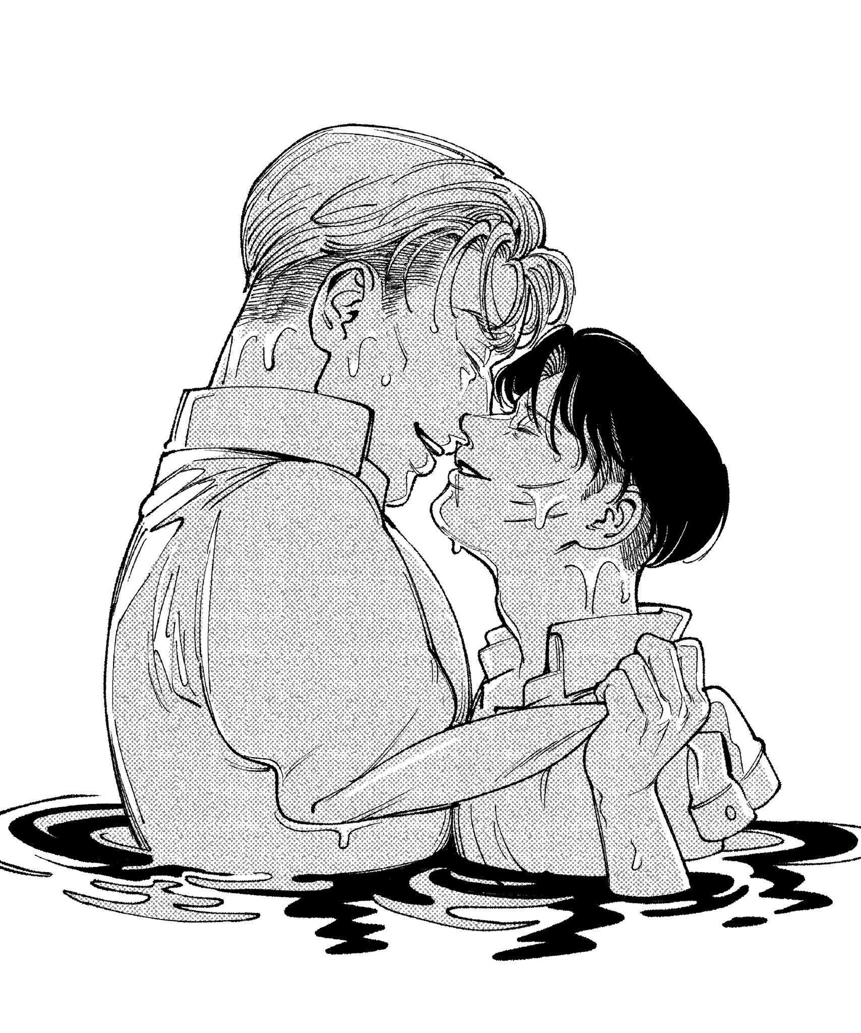 erwin smith, levi (shingeki no kyojin), shingeki no kyojin, highres, 2boys, amputee, black hair, blonde hair, closed eyes, clothes grab, good gdmr, greyscale, imminent kiss, jacket, male focus, monochrome, multiple boys, parted bangs, parted lips, partially submerged, scar, scar on face, sleeve grab, upper body, wet, white background, yaoi