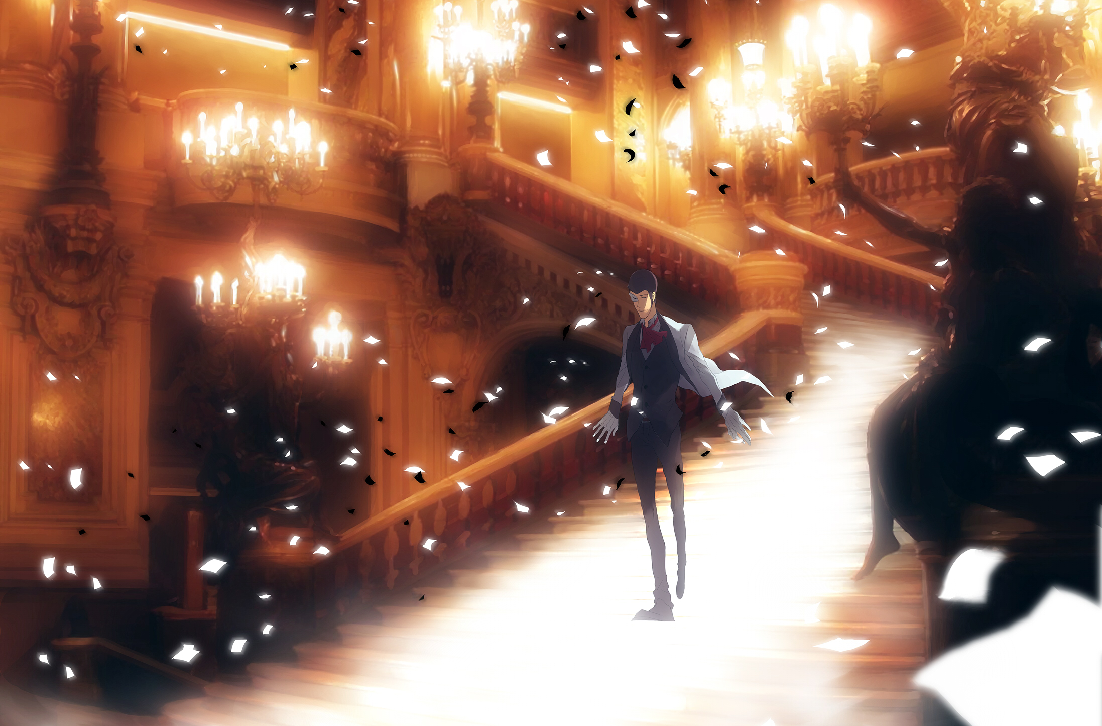 faddawdle, arsene lupin iii, lupin iii, phantom of the opera, bad id, bad pixiv id, highres, 1boy, chandelier, confetti, formal clothes, gloves, indoors, male focus, mask, parody, solo, stairs, suit