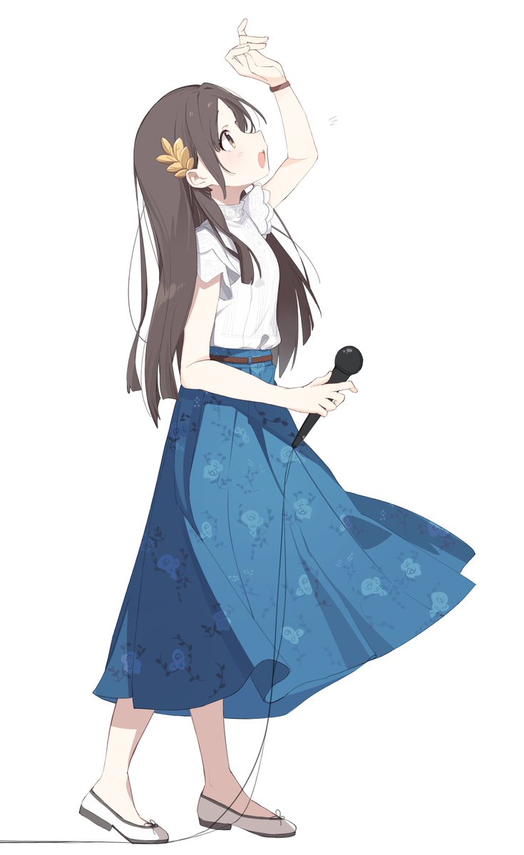 tntl nemui, kuramoto china, gakuen idolmaster, idolmaster, commentary, highres, symbol-only commentary, 1girl, :o, arm up, belt, blue overskirt, blue skirt, blunt ends, bracelet, breasts, brown belt, brown eyes, brown hair, collared shirt, floral print, floral print skirt, from side, full body, holding, holding microphone, jewelry, laurels, light blush, long hair, long skirt, looking up, medium breasts, microphone, open mouth, overskirt, parted bangs, print skirt, shirt, shirt tucked in, shoes, short sleeves, sidelocks, simple background, skirt, solo, standing, straight hair, teeth, turtleneck, turtleneck shirt, upper teeth only, very long hair, white background, white shirt, white shoes, wire