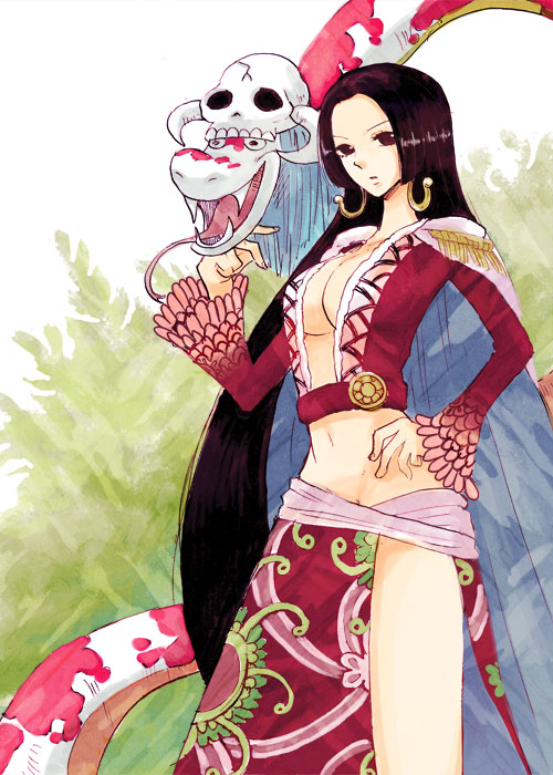 eeyasu, boa hancock, salome (one piece), one piece, 1girl, amazon lily, amazon warrior, black hair, breasts, cleavage, earrings, female focus, groin, hand on own hip, hip focus, jacket, jacket on shoulders, jewelry, large breasts, long hair, long skirt, midriff, pirate, sash, side slit, skirt, skull, snake, standing