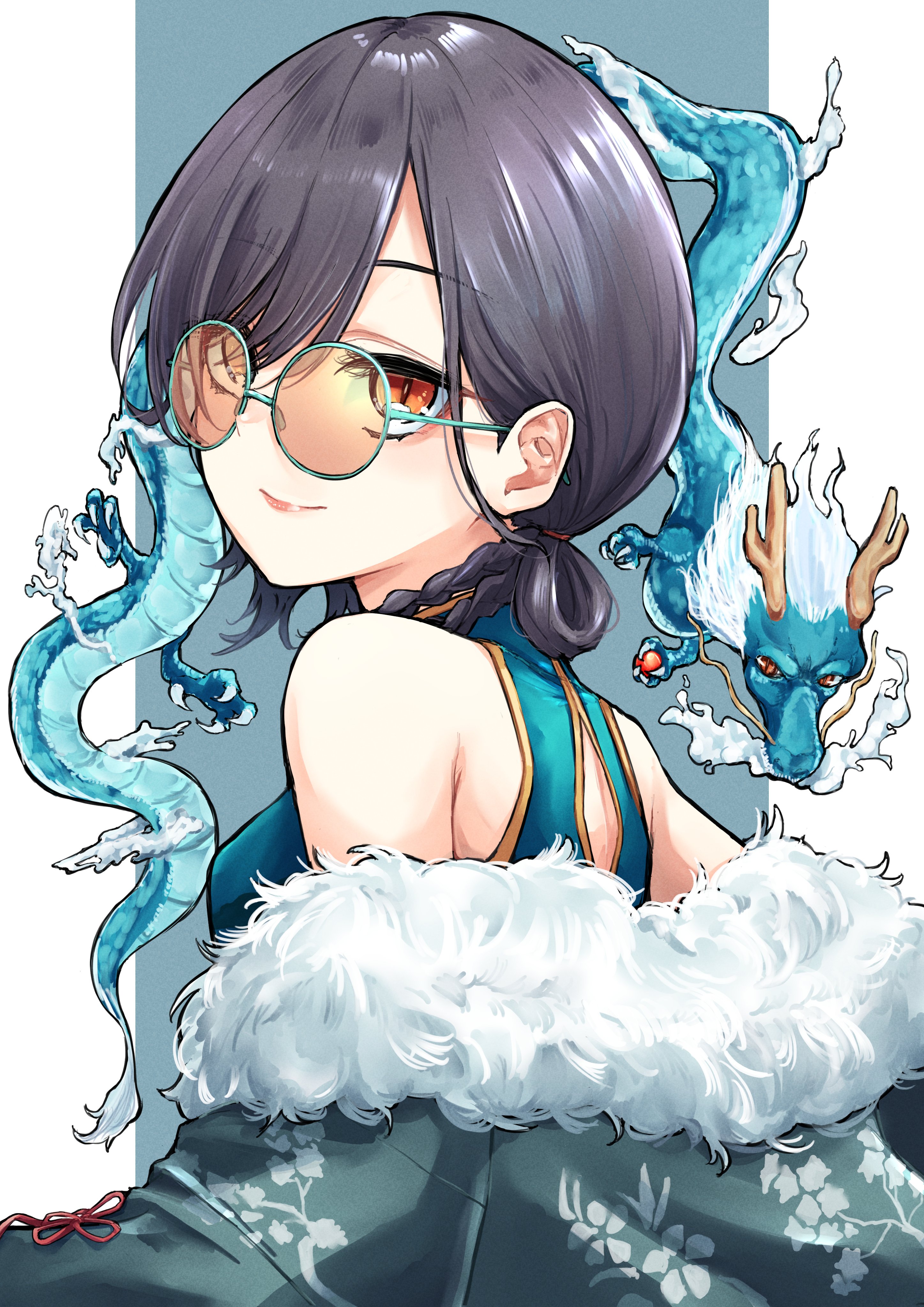 mendo (mend0o0), katsuragi izumi, link! like! love live!, love live!, absurdres, commentary, highres, 1girl, back cutout, bare shoulders, black hair, blue background, blue dress, braid, china dress, chinese clothes, clothing cutout, coat, dragon, dress, eastern dragon, from behind, fur-trimmed coat, fur trim, hair rings, katsuragi izumi (shiren koto no ryuu), long hair, off shoulder, official alternate costume, orange eyes, sleeveless, sleeveless dress, slit pupils, solo, upper body, virtual youtuber