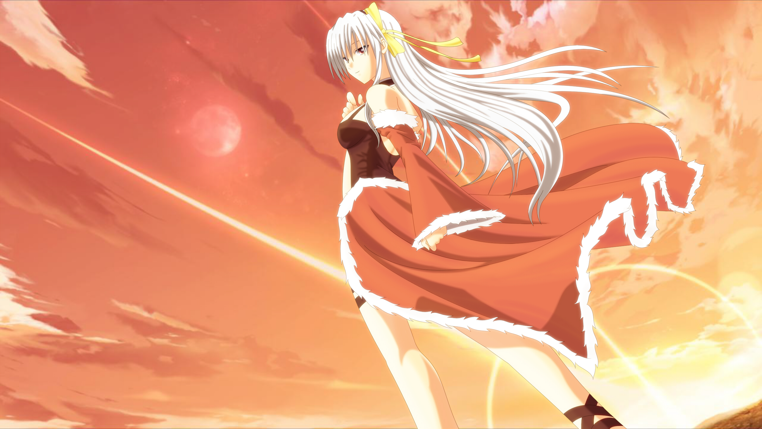 stalker (ragnarok online), ragnarok online, commentary request, highres, 1girl, 2000s (style), alternate color, black tank top, bow, breasts, cape, closed mouth, detached sleeves, feet out of frame, full moon, fur-trimmed cape, fur-trimmed sleeves, fur trim, hair bow, long hair, looking at viewer, looking back, medium breasts, moon, orange sky, otohime (kirayamatowob), outdoors, red cape, red sleeves, sky, smile, solo, standing, sun, sunset, tank top, very long hair, waist cape, yellow bow