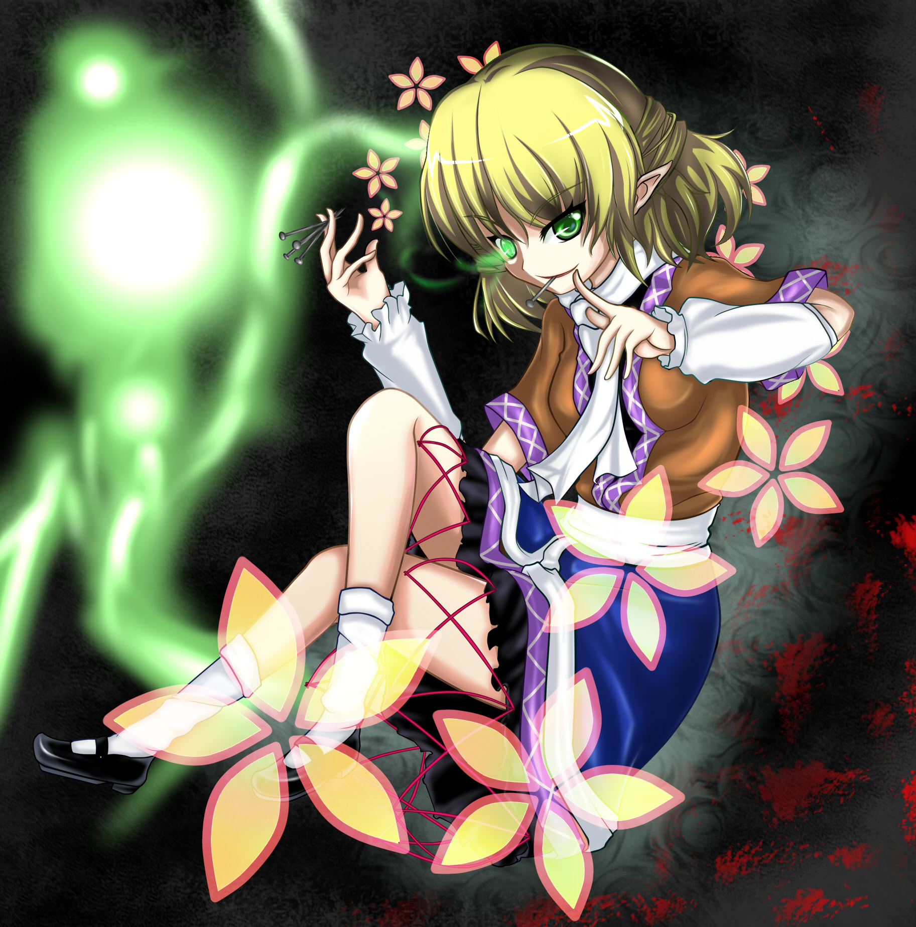 rajigaku, mizuhashi parsee, touhou, highres, 1girl, blonde hair, female focus, fingernails, glowing, glowing eye, glowing eyes, green eyes, half updo, nail (hardware), scarf, solo