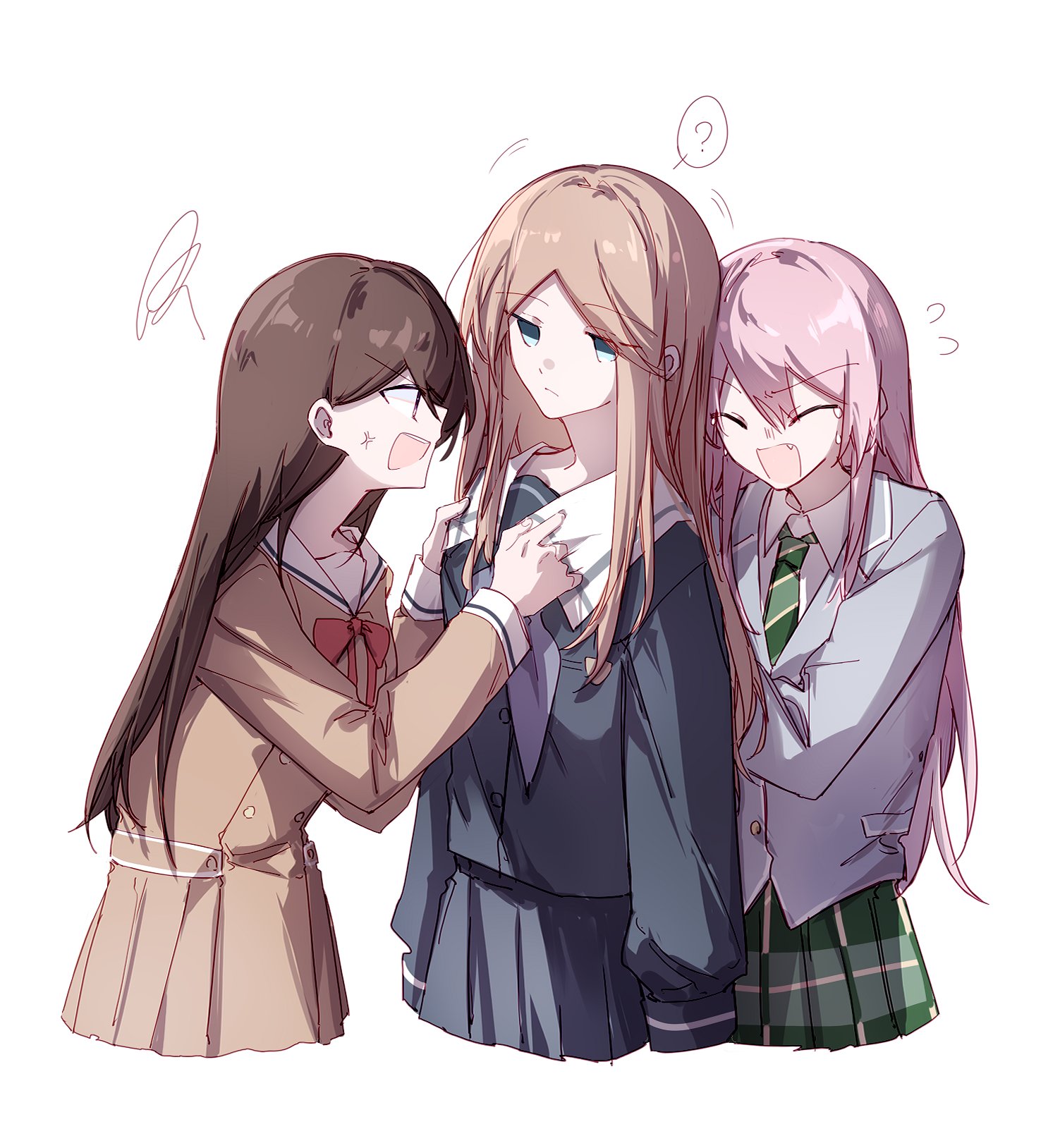 hibioes, chihaya anon, nagasaki soyo, shiina taki, bang dream!, bang dream! it's mygo!!!!!, chinese commentary, commentary request, highres, 3girls, anger vein, blue shirt, blue skirt, bow, bowtie, brown dress, brown hair, clothes grab, dress, fang, green necktie, green skirt, grey jacket, grey neckerchief, hanasakigawa school uniform, haneoka school uniform, jacket, long hair, multiple girls, neckerchief, necktie, open mouth, pink hair, red bow, red bowtie, sailor collar, sailor dress, school uniform, shirt, sidelocks, simple background, skirt, squiggle, teeth, tsukinomori school uniform, upper teeth only, white background, white sailor collar