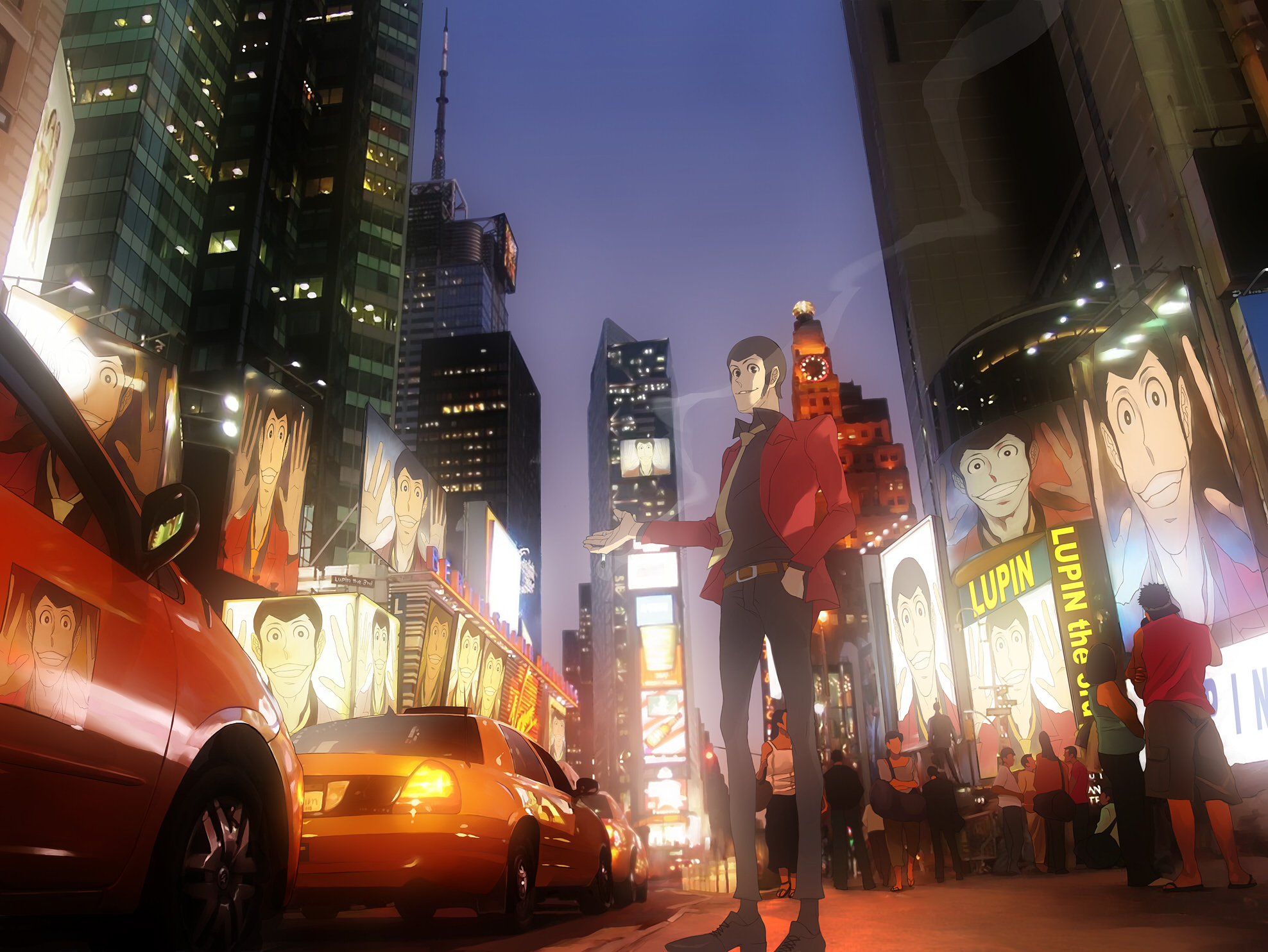 faddawdle, arsene lupin iii, lupin iii, tms entertainment, bad id, bad pixiv id, highres, 1boy, car, cigarette, city, cityscape, ford crown victoria, ford crown victoria (2nd generation), formal clothes, jacket, male focus, motor vehicle, necktie, photo background, red jacket, scenery, sideburns, smoke, solo, suit, times square, yellow necktie